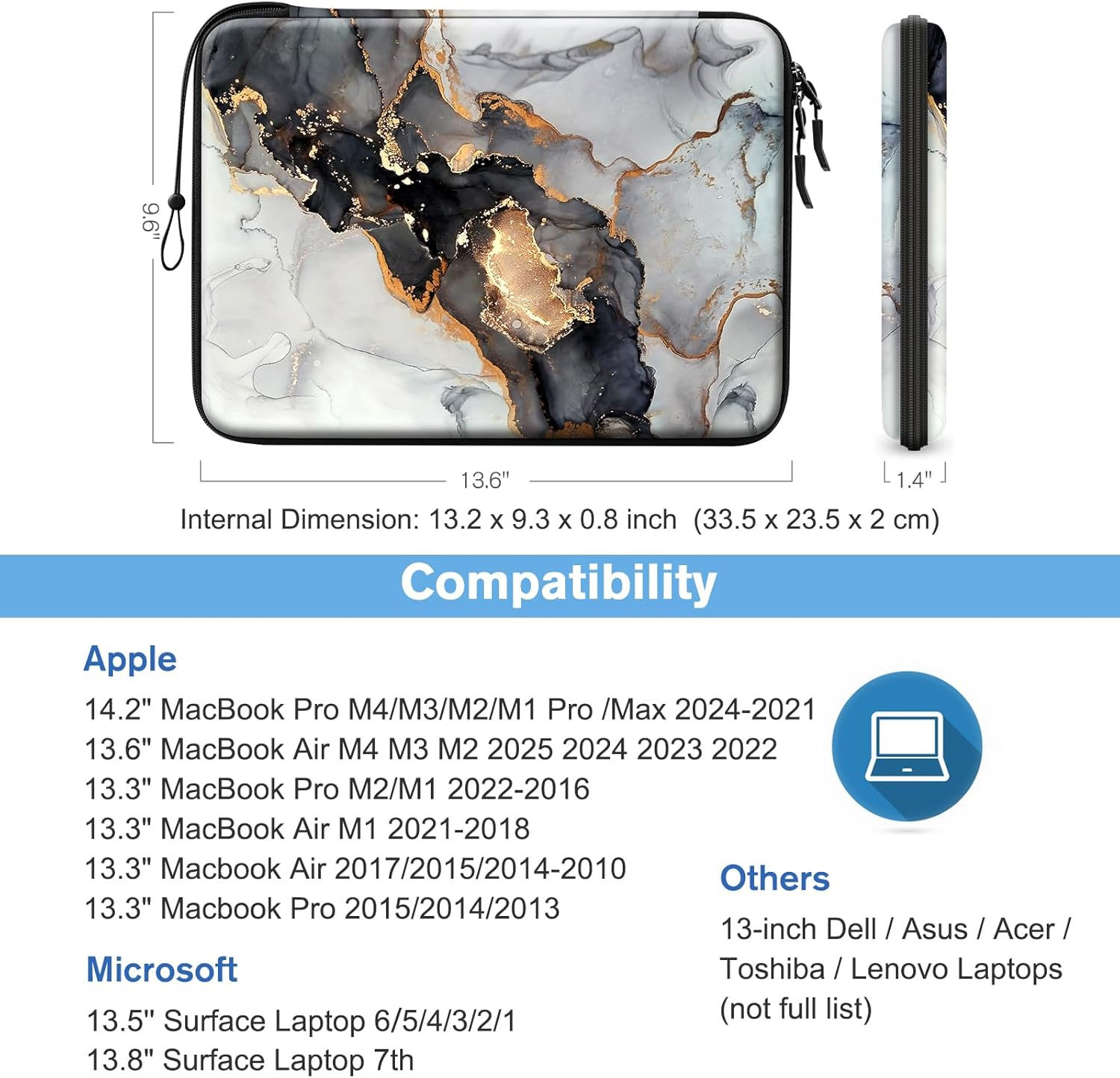 FINPAC Hard Laptop Sleeve Case for 13-Inch Macbook Air M3 M2 M1 2024, 14-Inch Macbook Pro M3/M2/M1 A2918 A2992 A2779 A2442, Waterproof Case for Dell, Surface Laptop, HP, Acer, Cloudy Marble image number 2