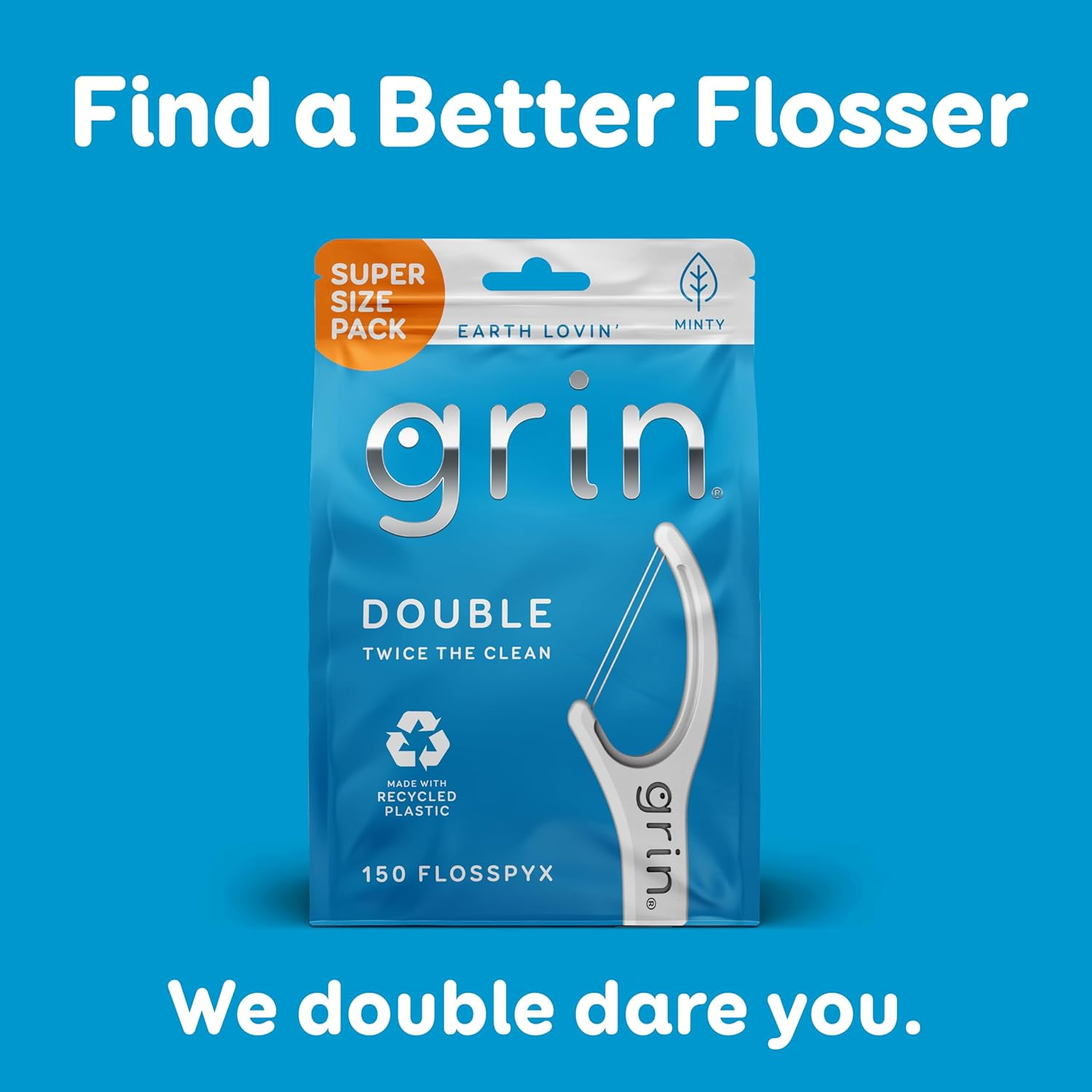 GRIN Double Flosspyx, Floss Picks, 150 Ct, Dental Flossers, Minty Flavor, Recycled Plastic, 2 Lines of Strong Floss, Longer Floss Head, Traps Food and Plaque, Includes Safe Soft Fold-Back Tooth Pick image number 2