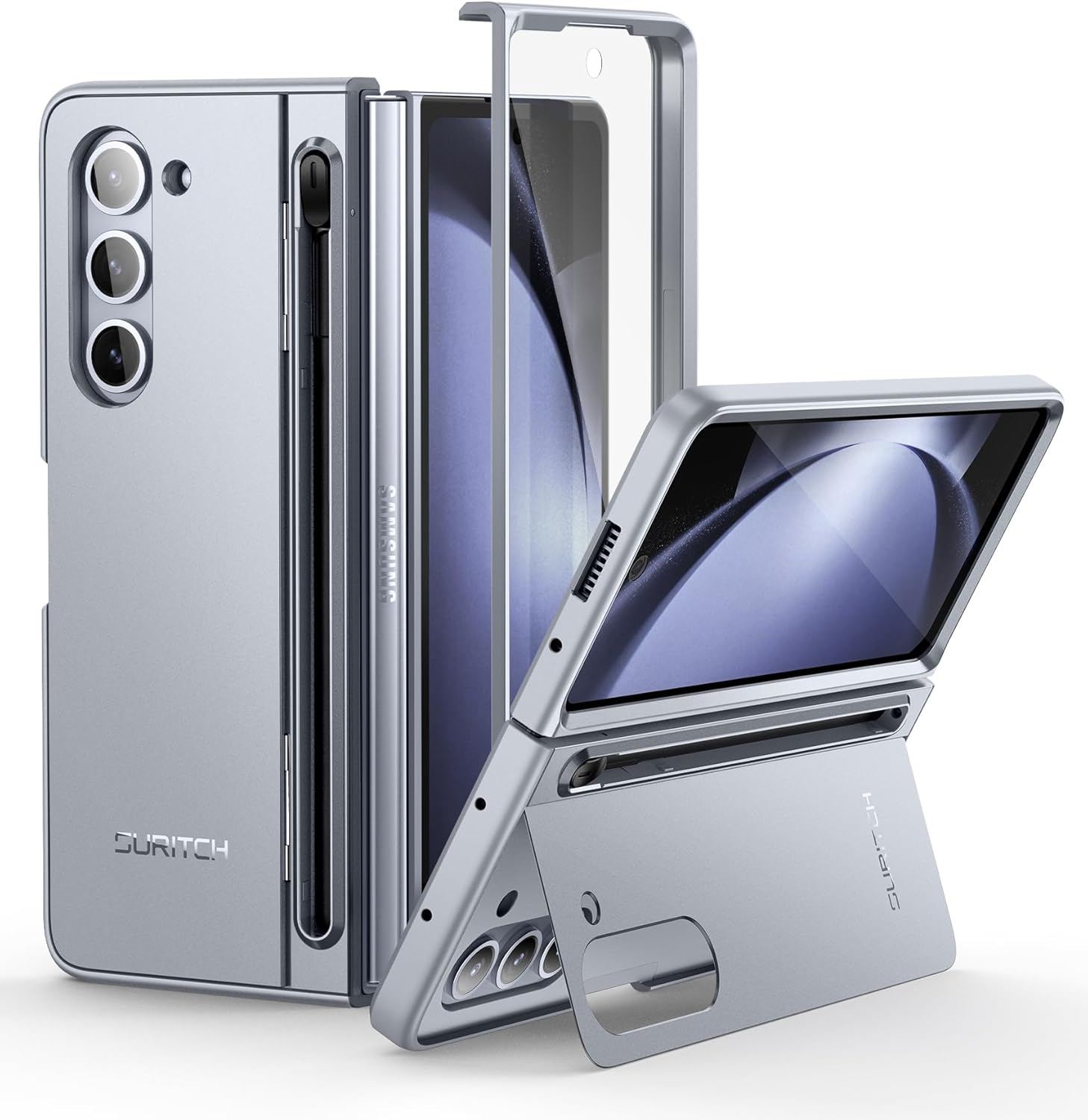 SURITCH for Samsung Galaxy Z Fold 5 Case with Kickstand and S Pen Holder [S Pen NOT Included], Phone Case for Z Fold 5 2023 -Gray Blue image number 5