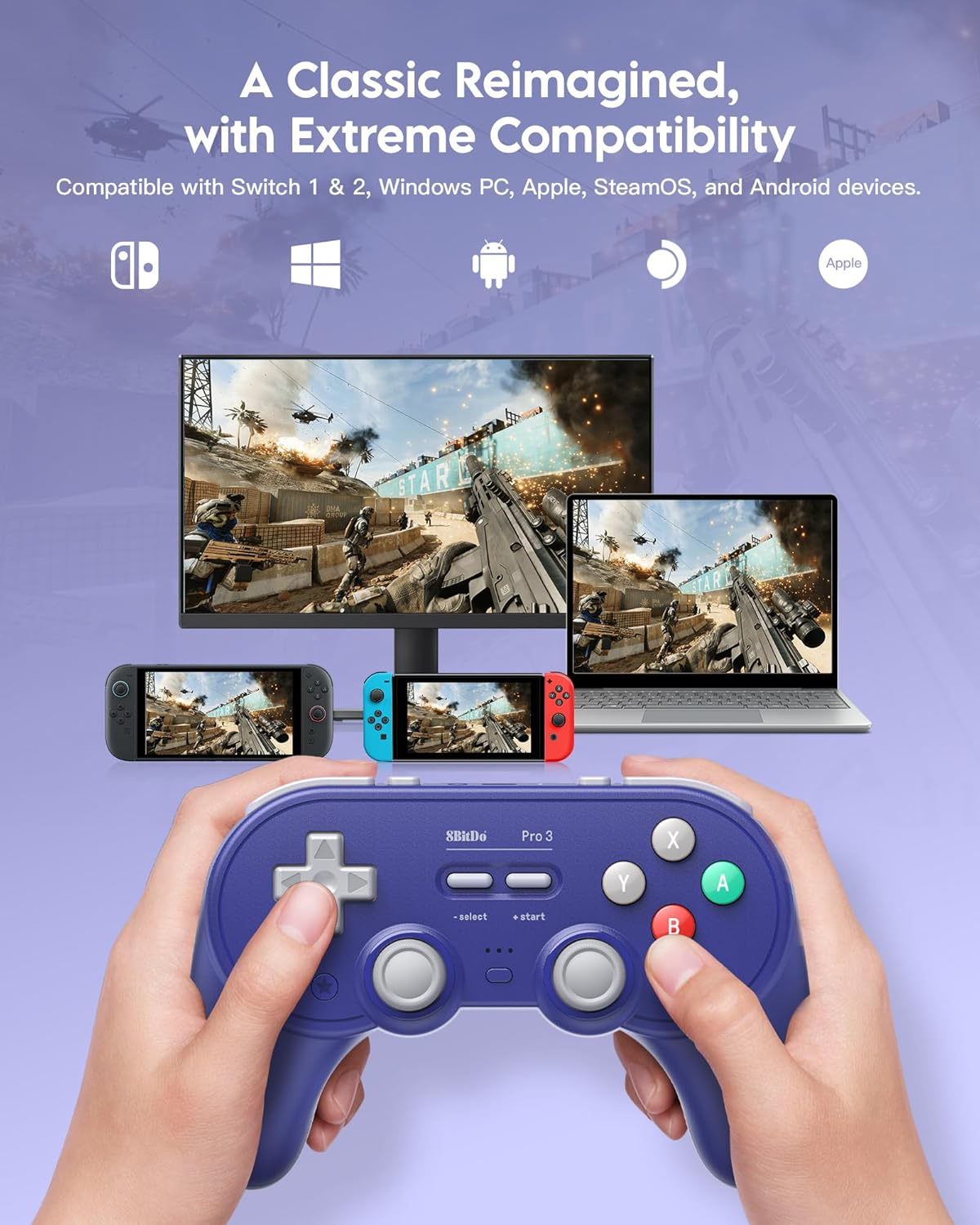 8Bitdo Pro 3 Bluetooth Controller for Switch/Switch 2 - TMR Joysticks, Swappable ABXY Buttons, Pro Back Buttons, Charging Dock, Hall Effect Triggers, Windows/Apple/Android（Purple） image number 6