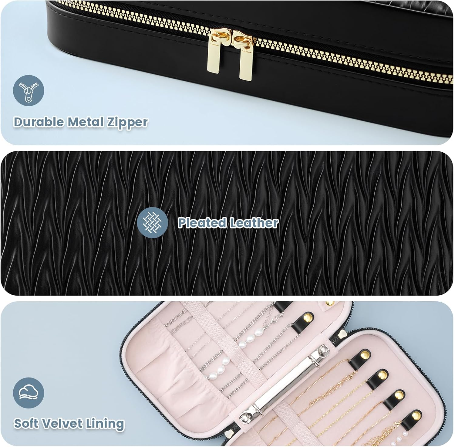 Lolalet Travel Jewelry Organizer, Jewelry Storage Case with Pocket, Earrings Necklaces Bracelets Ring Zippered Storage Pouch for Women -Black image number 1