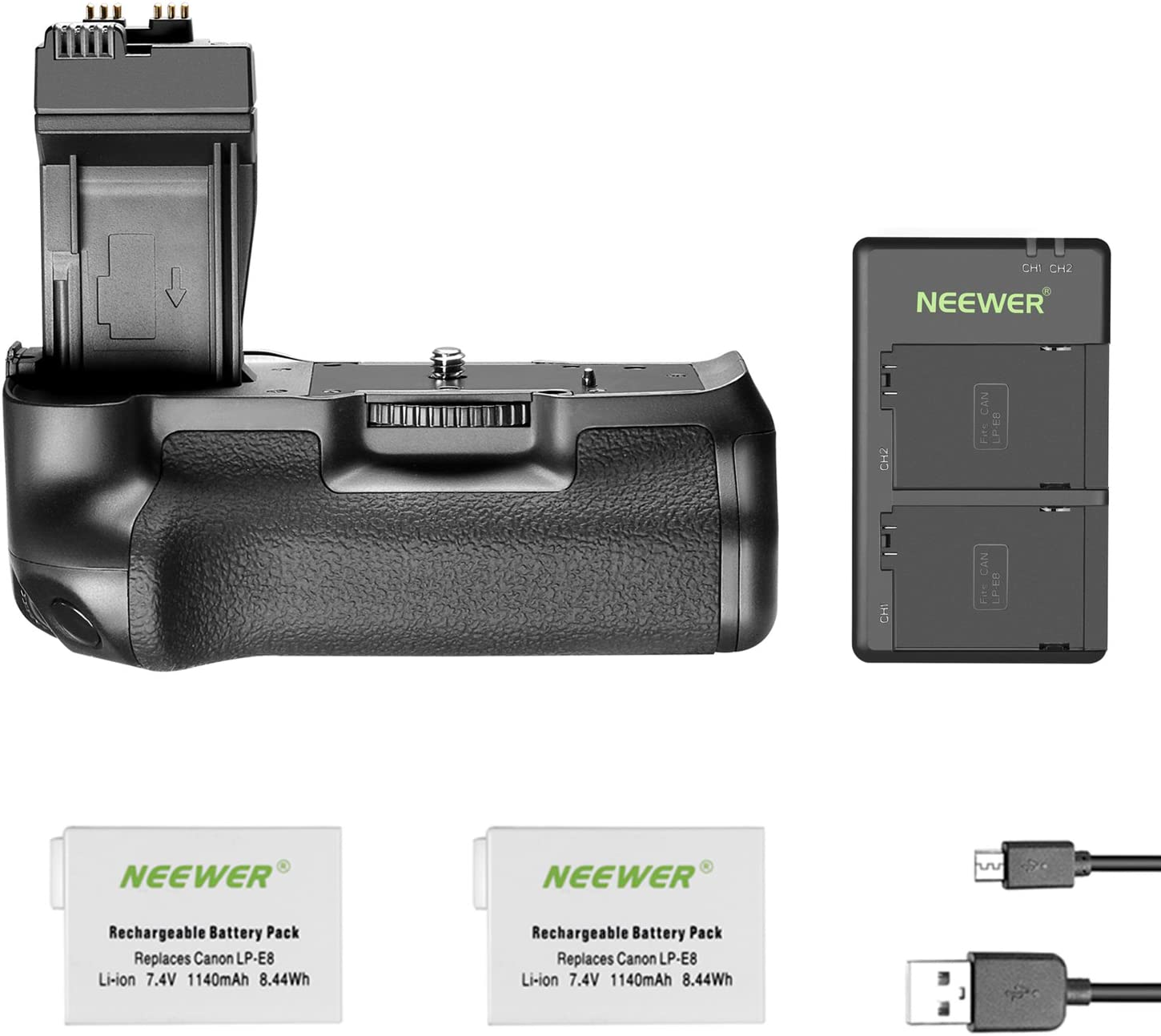 Neewer BG-E8 Replacement Battery Grip for Canon EOS 550D 600D 650D 700D Rebel T2I T3I T4I T5I DSLR Cameras, Comes with 2-Pack 1140 Mah LP-E8 Replacement Li-Ion Battery and Dual USB Battery Charger image number 3