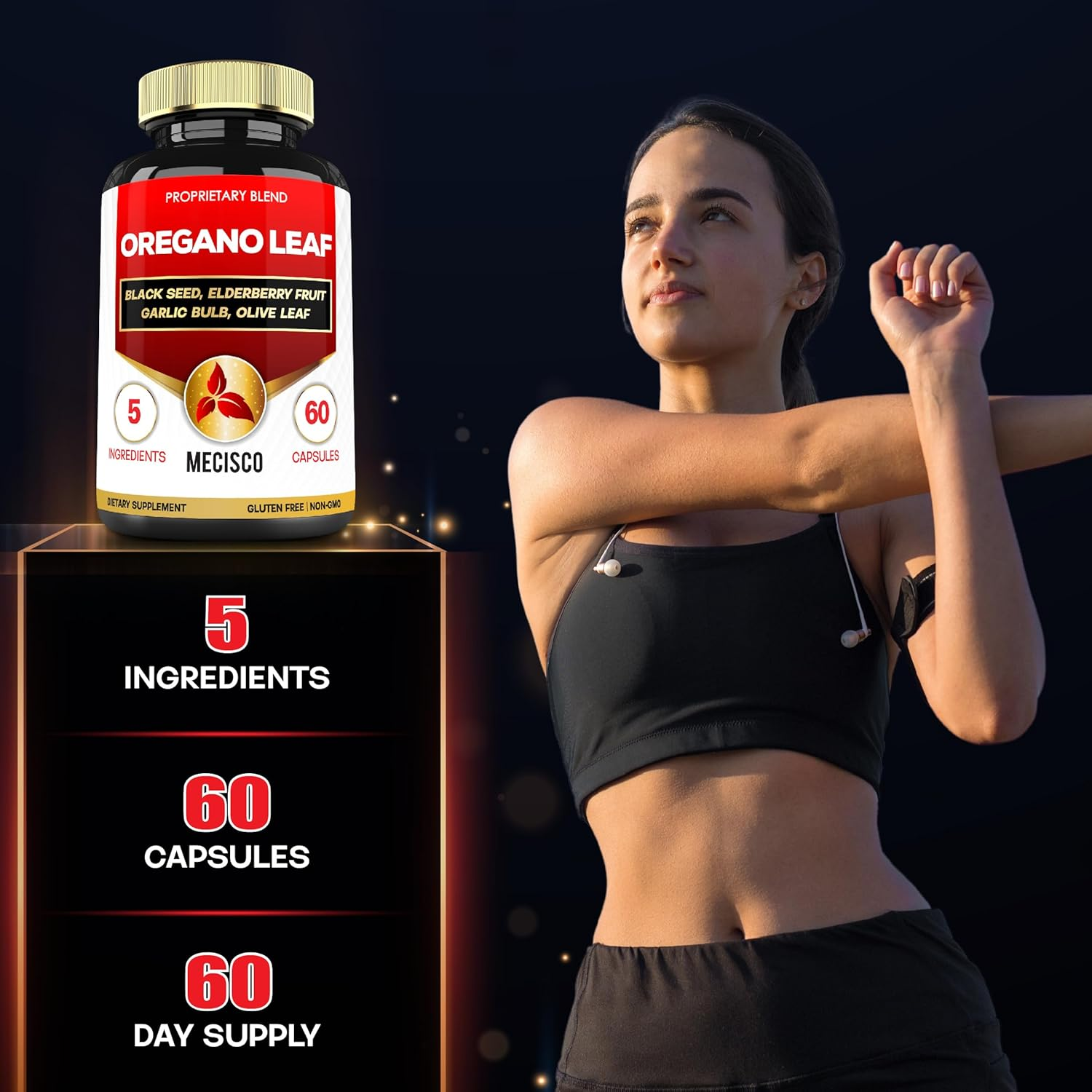 5In1 Oregano Capsules with Oregano Leaves and Black Seed, Elderberry, Garlic Bulb, and Olive - Support Immune & Digestive Health for Men and Women - 60 Count for 2 Months Supply