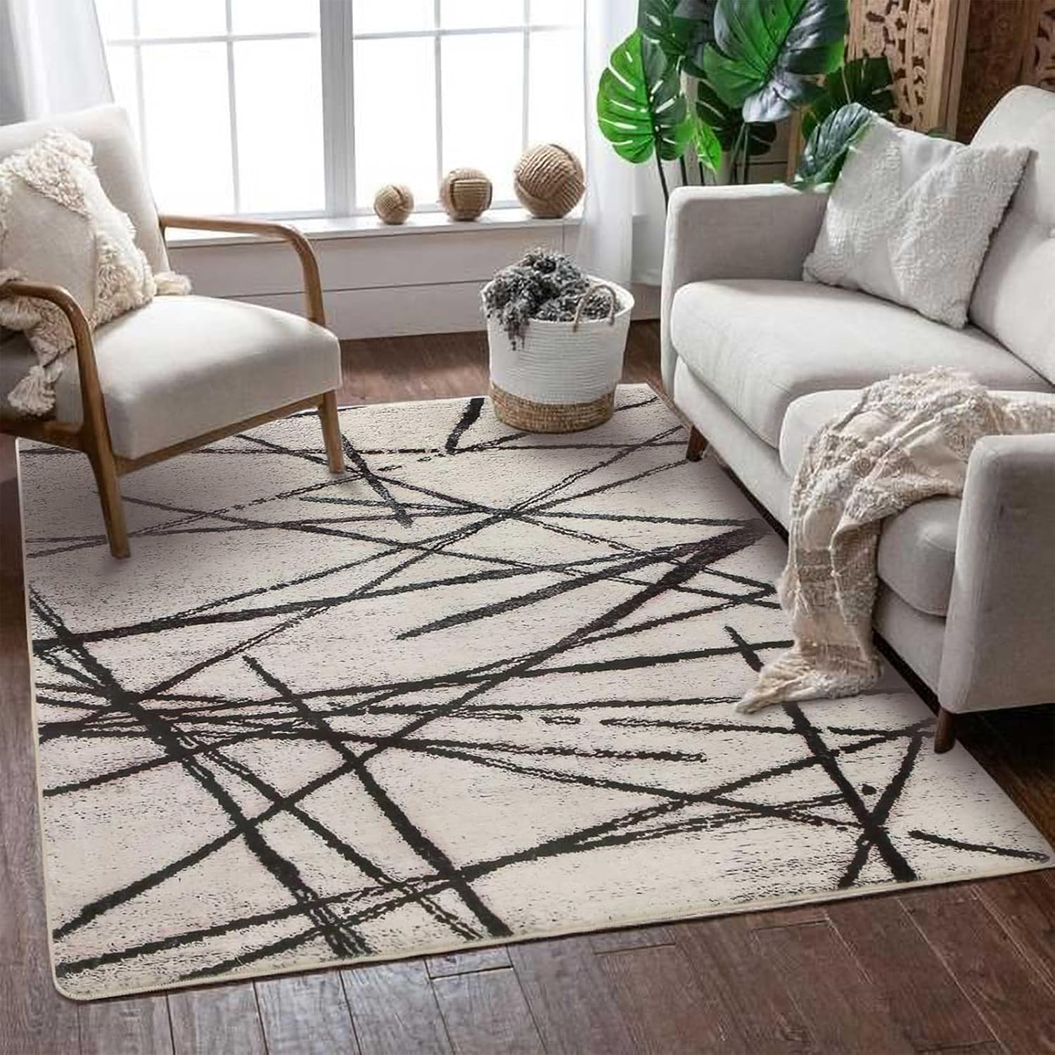 Area Rugs Soft Modern Rug Carpet Geometric Stripe Rug Non Slip Cashmere Rug for Bedroom Living Room Floor Mat(Beige, 80 * 120Cm)
