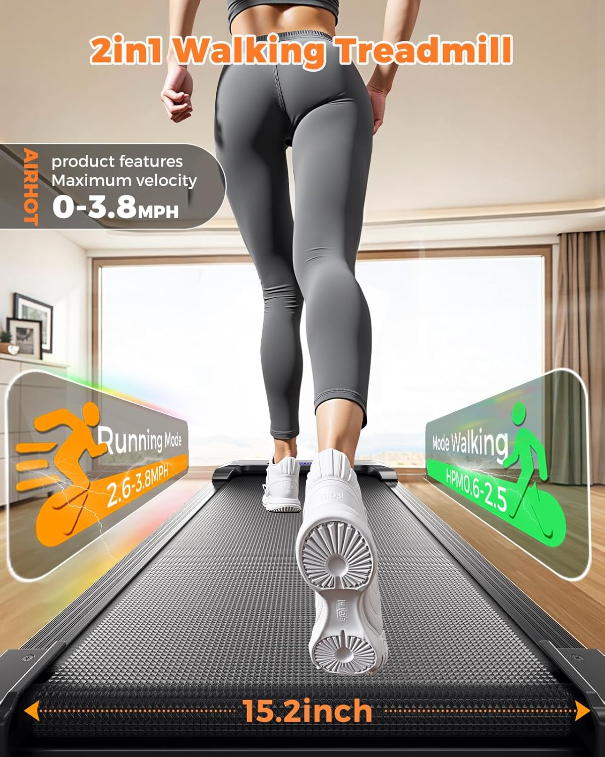 AIRHOT Walking Pad Treadmill, 2 in 1 for Walking and Jogging, Portable under Desk Tradmill with Remote Control Lanyard & Incline for Home/Office, 2.5HP Low-Noise Desk Treadmil in LED Display - White image number 3