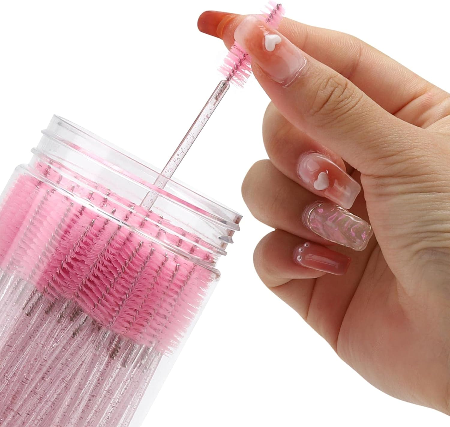 Crystal Eyebrow Spoolies Brush Set (100 Pcs, Pink) with Travel Case - Disposable Mascara Wands for Lash Extensions & Professional Use image number 1