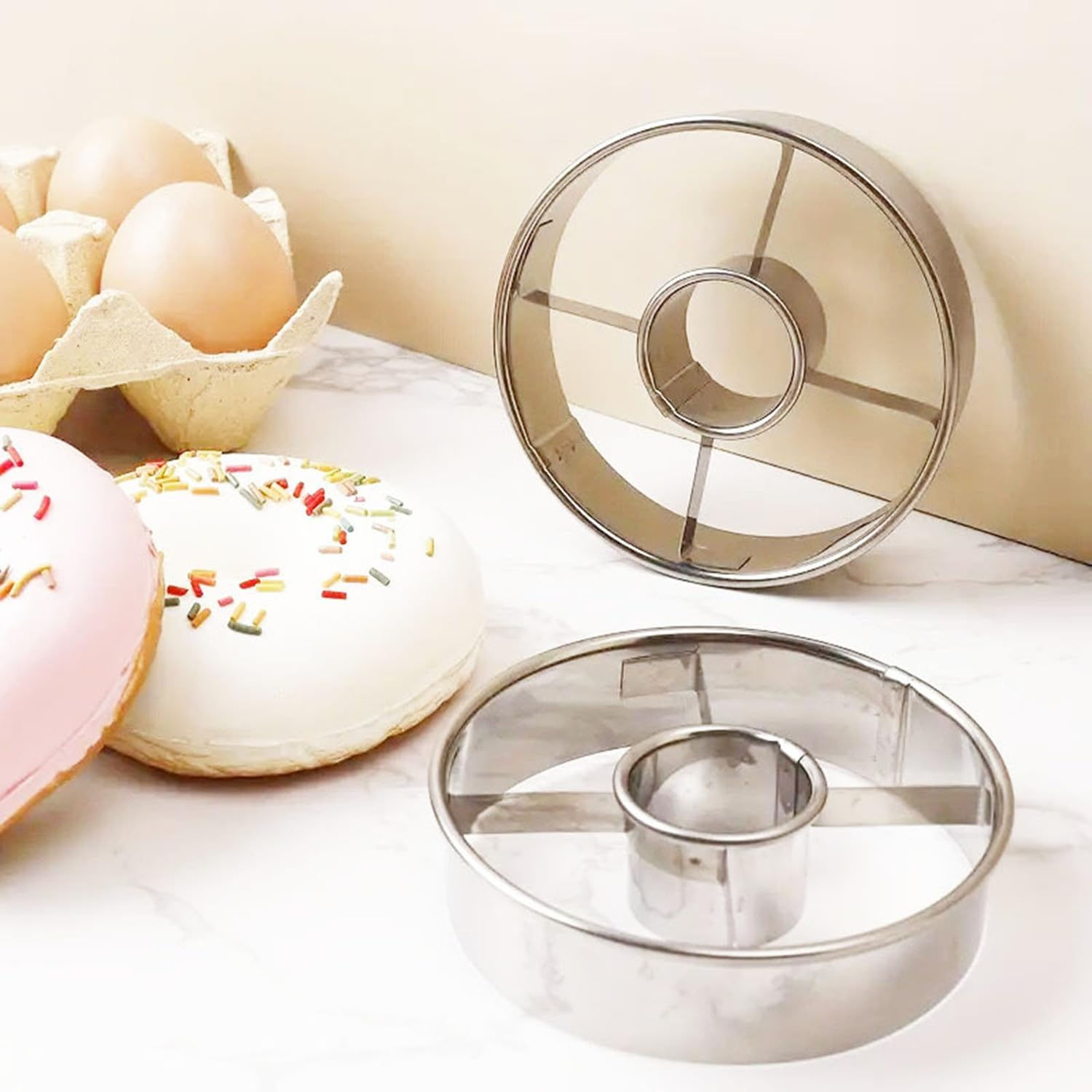 2Pcs Stainless Steel Doughnut Cutters, Mousse Ring Cookie Chocolate Cake Mold, Donut Mold Desserts Bread Cutter image number 2