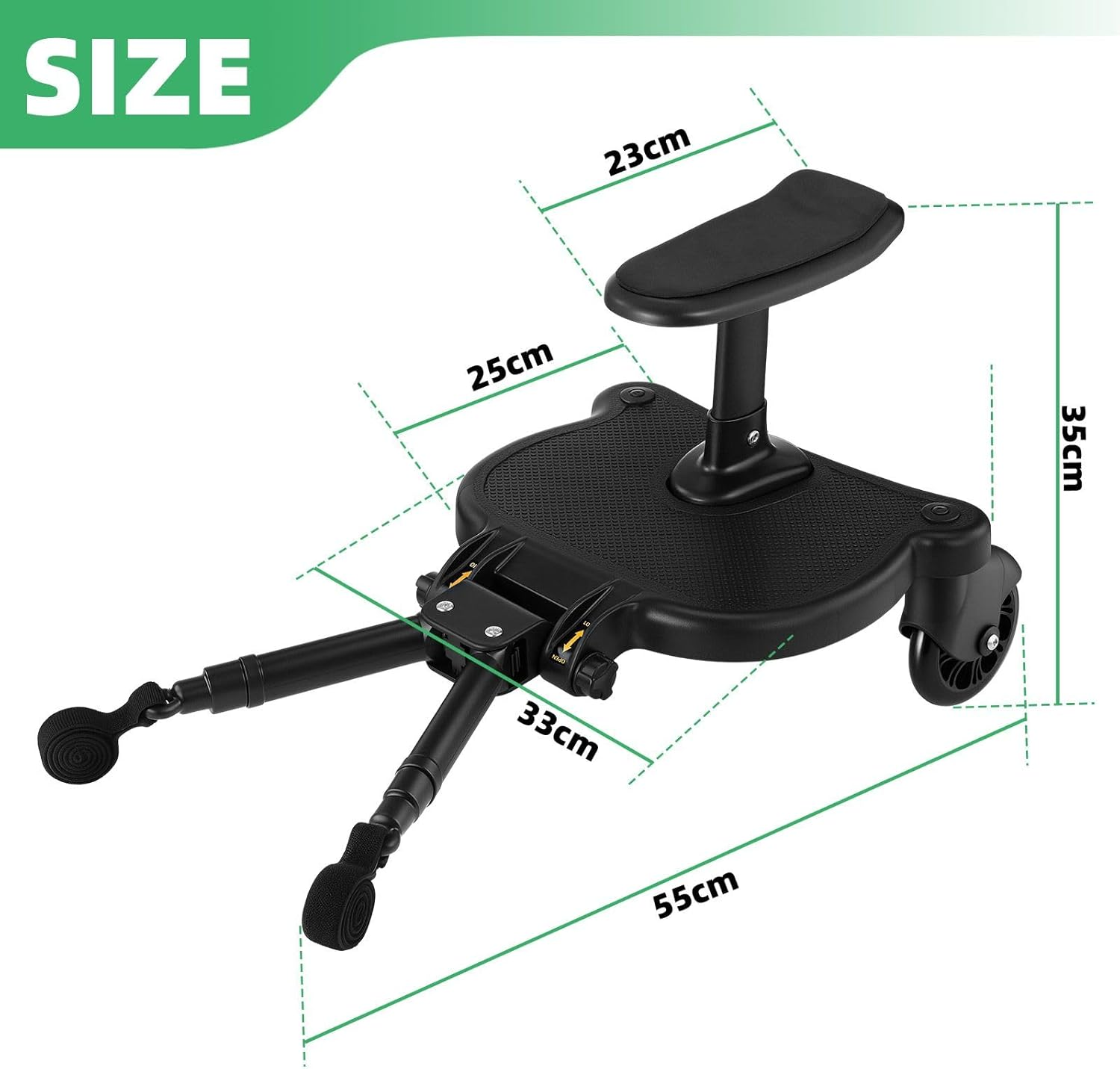 OGL Universal Stroller Board with Seat Attachment &ndash; Stand or Sit Ride-On Stroller Step Board for Toddlers, Adjustable Connector for Most Strollers, Shock-Absorbing Wheels, Holds up to 25Kg image number 1