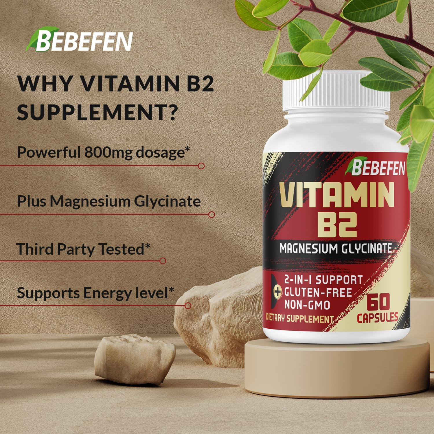 1000Mg Pure Naturals Vitamin B2 (Riboflavin) Supplement with Magnesium Glycinate - Support Comfortable Mood, Energy Production & Circulatory Health - 60 Capsules