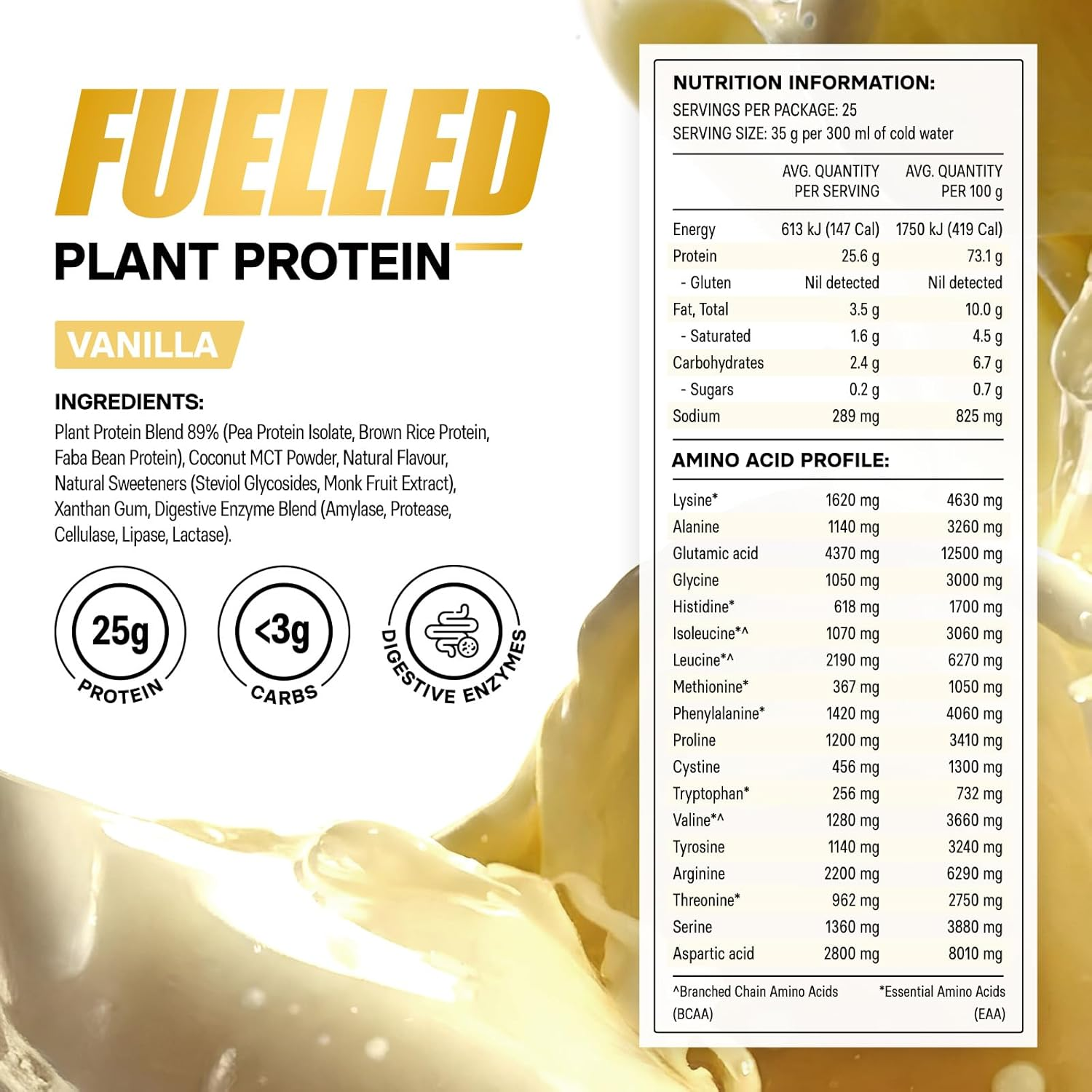 ALPHAFIT Fuelled Plant Protein Vanilla, Vegan Pea Protein with Digestive Enzymes, Natural & Dairy Free, HASTA Certified, 875G image number 3