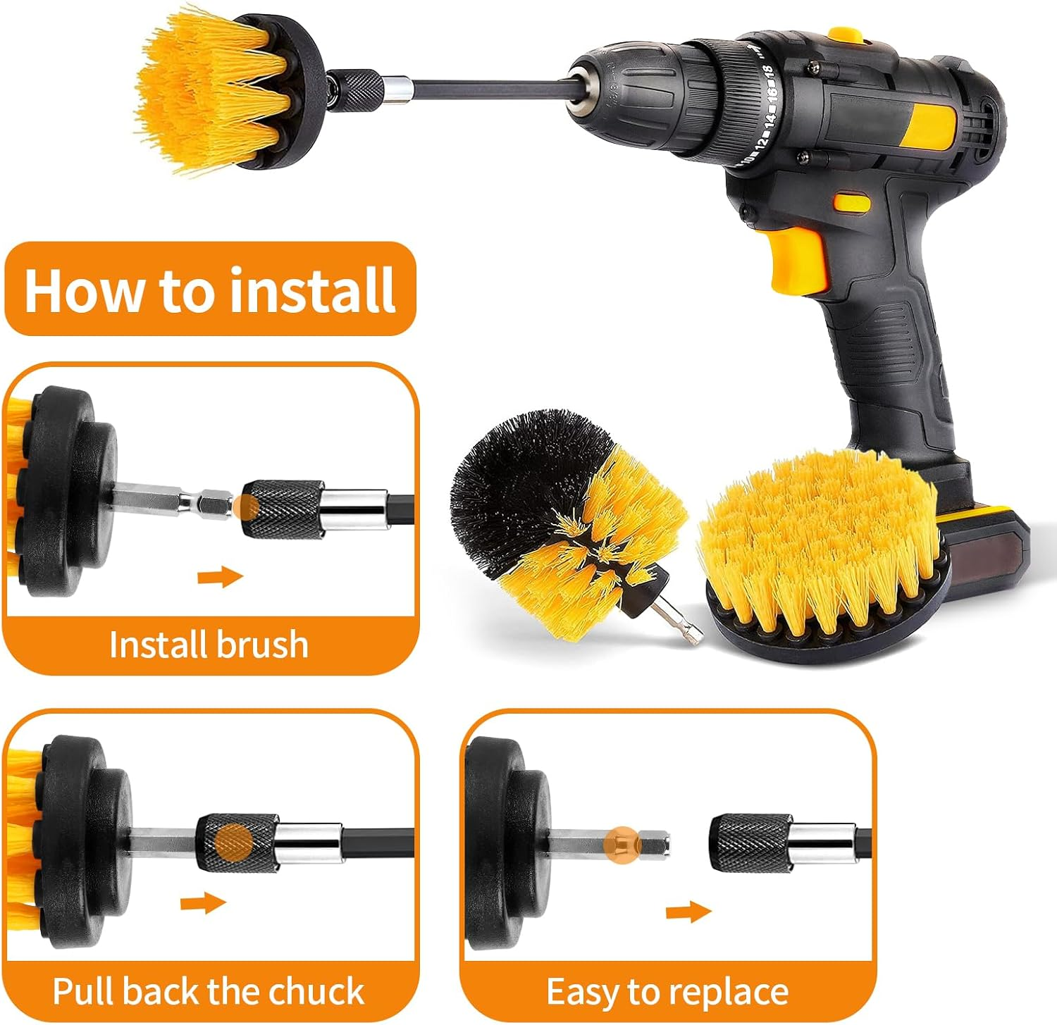 4 Piece Drill Brush Cleaning Brushes Set, Power Scrubber Cleaning Brushes Extended Long Attachment Kit, Detailing Brush Set for Car Tire, Barthroom, Floor, Grout and Tuff Stuff, Yellow image number 3