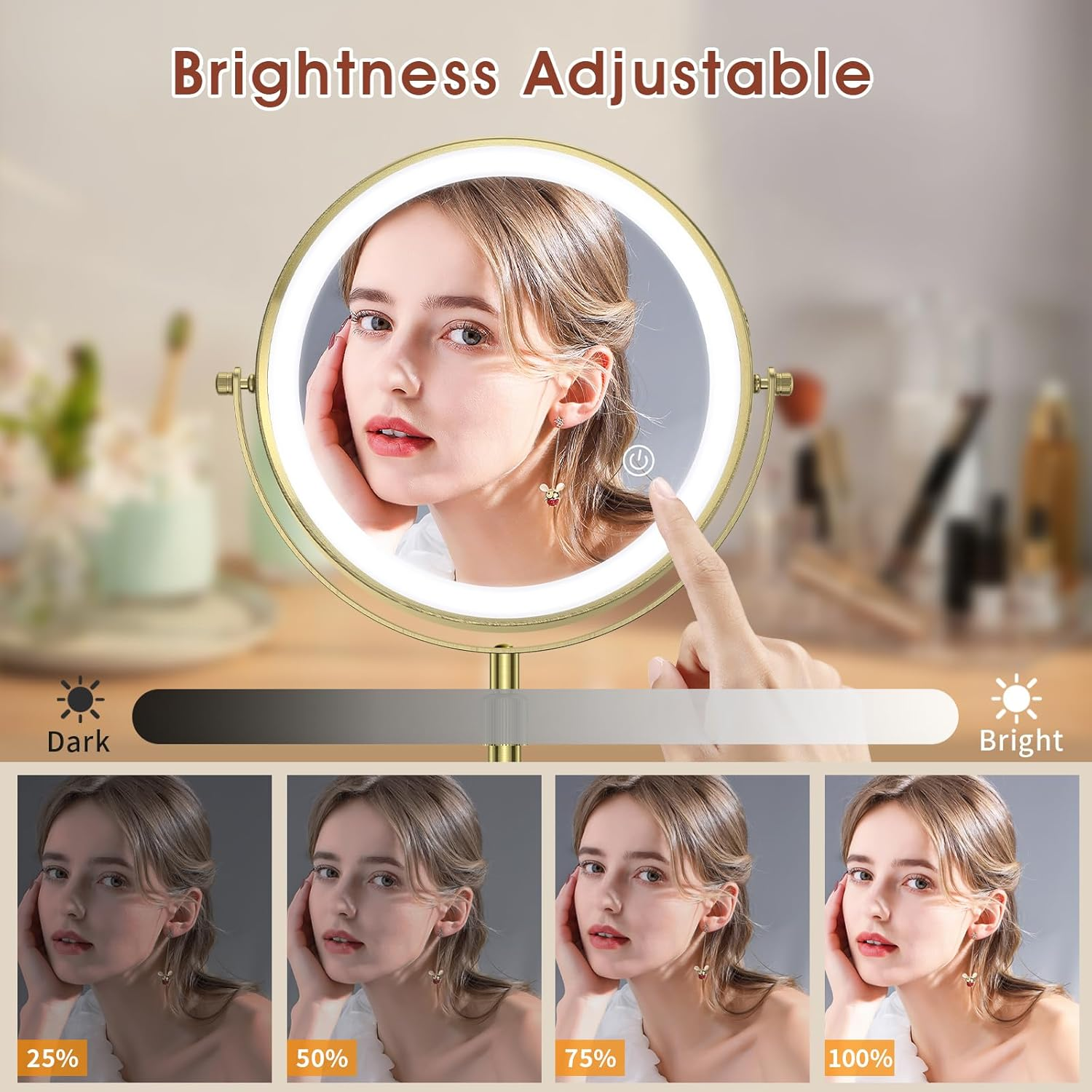 MILPROX 8 Inch Makeup Mirror with 10X Magnification & 3 Color Lights, Adjustable Brightness & Height, Rechargeable Double Sided 1X 10X Magnifying Mirror, Lighted Makeup Mirror Touch Sensor - Gold - Gold image number 3