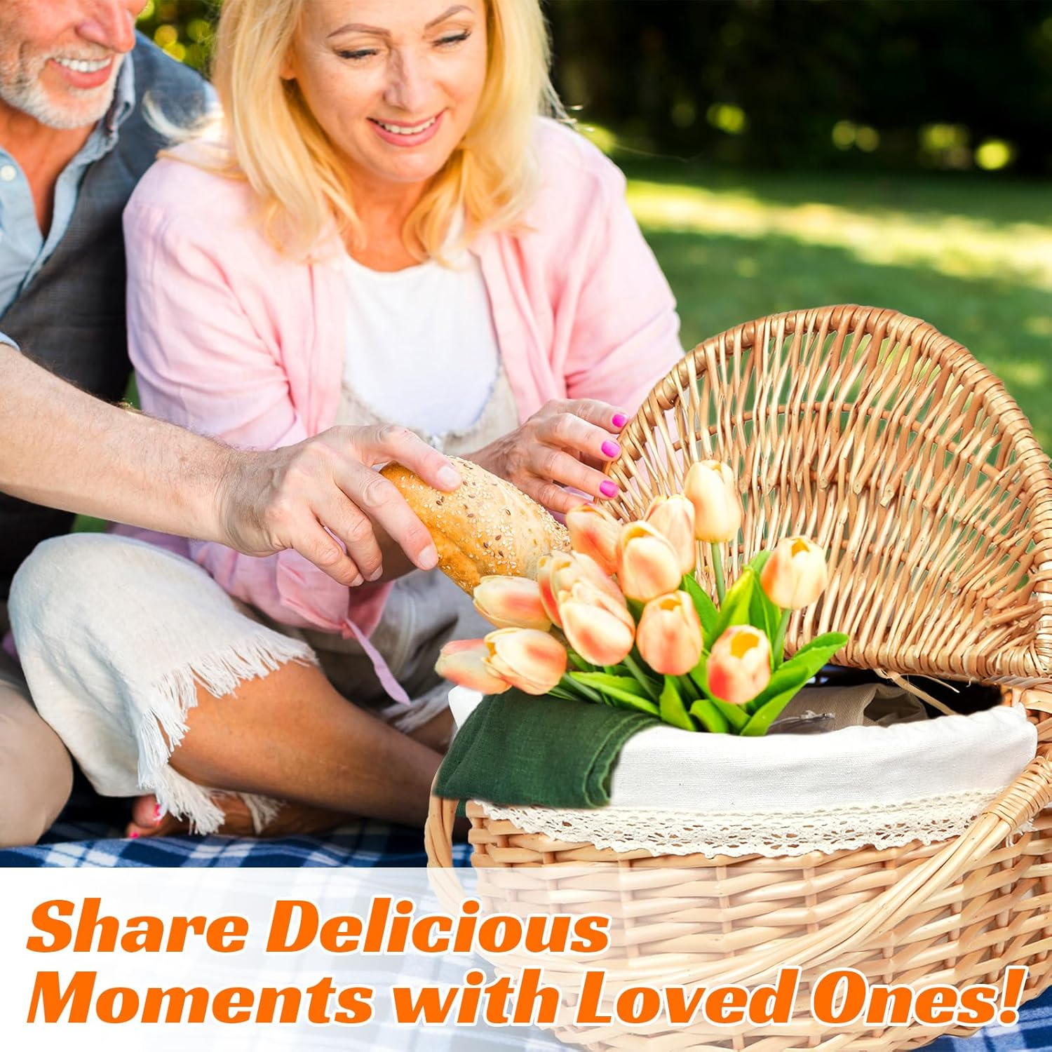 Hap Tim Wicker Picnic Basket for 2 with Lid - Unique Gifts Ideas for Couple, Engagement, Wedding, Bridal Shower, Family, Christmas - White Elephant Gifts for Adults(Au2408B-1)