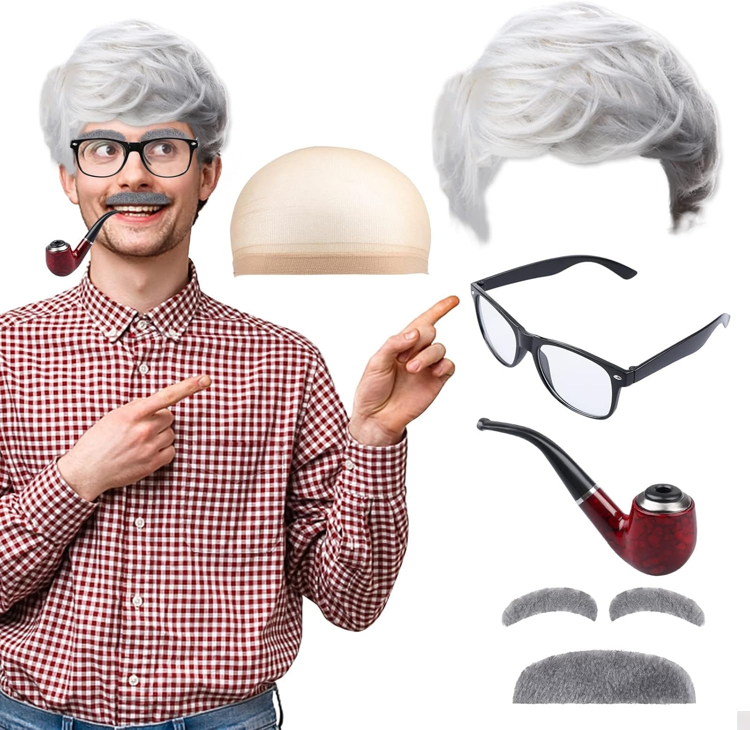 6 PCS Old Man Costume Kit Grandpa Costume Accessories Including Old Man Wig,Wig Cap,Glasses,Fake Beard,Faux Eyebrows for Grandpa Cosplay image number 2