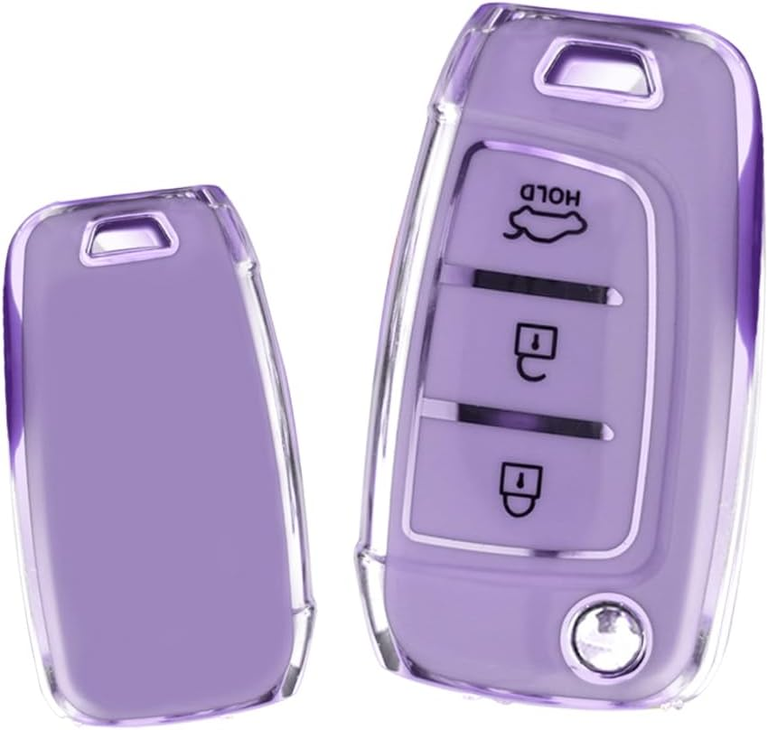 HIBEYO TPU Key Fob Cover for Hyundai Elantra Solaris 2 Tucson I30 I35 I40 Ix35 Kona Genesis Santa Fe Azera Verna Accent Celesta Sonata Accessories Key Shell Cover Flip 3 Button Key-Puprle - Gold Black image number 3