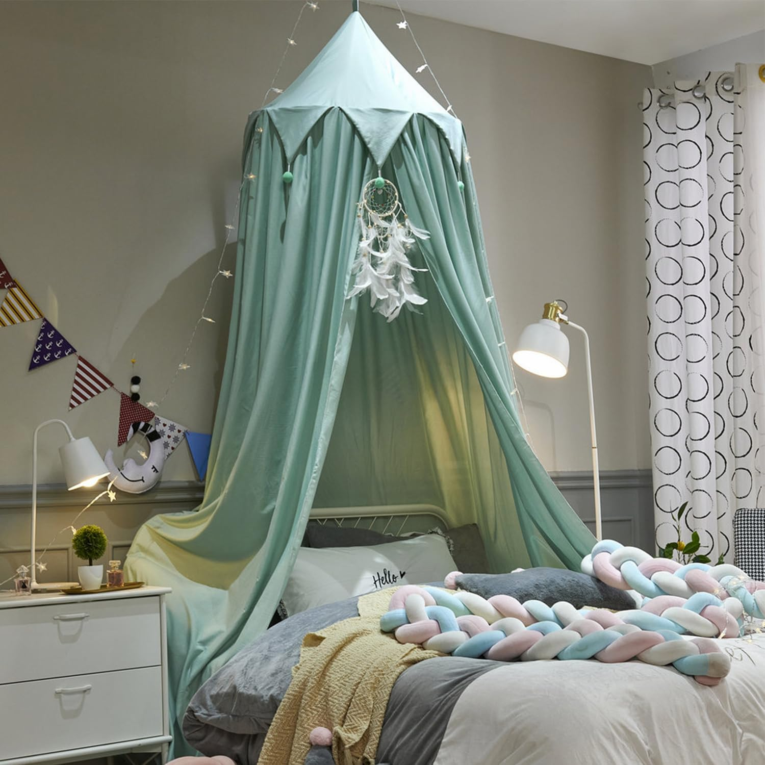 Bed Canopy Kids with Pom Pom, Cotton Princess Canopy with String Light for Girls Child Mosquito Net Cover Canopies Baby Crib Curtain Reading Nook Hanging Tent Nursery Play Game Castle Room Decoration