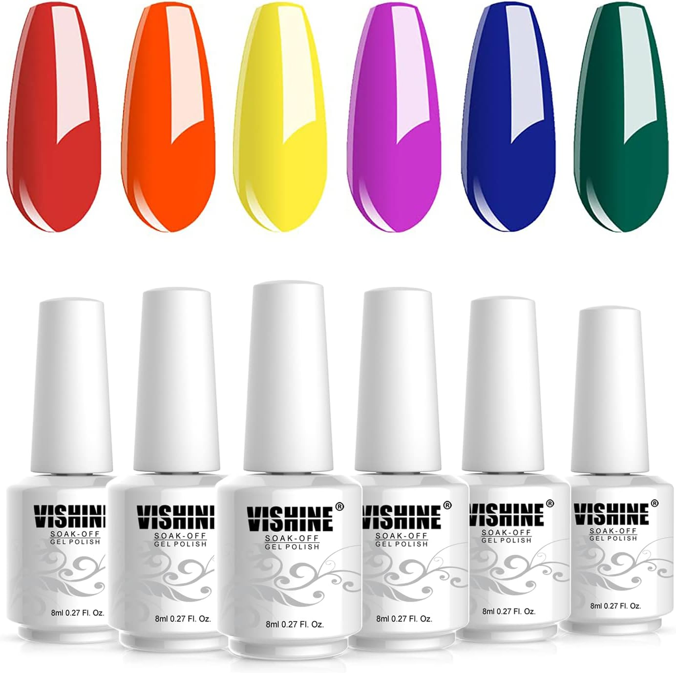 Vishine Gel Nail Polish Set Summer Hot Bright Neon Colors Orange Yellow Red Green Blue Gel Polish Kit Soak off UV LED Nail Gel Vanish Manicure Starter Kit 6 Colors 8Ml