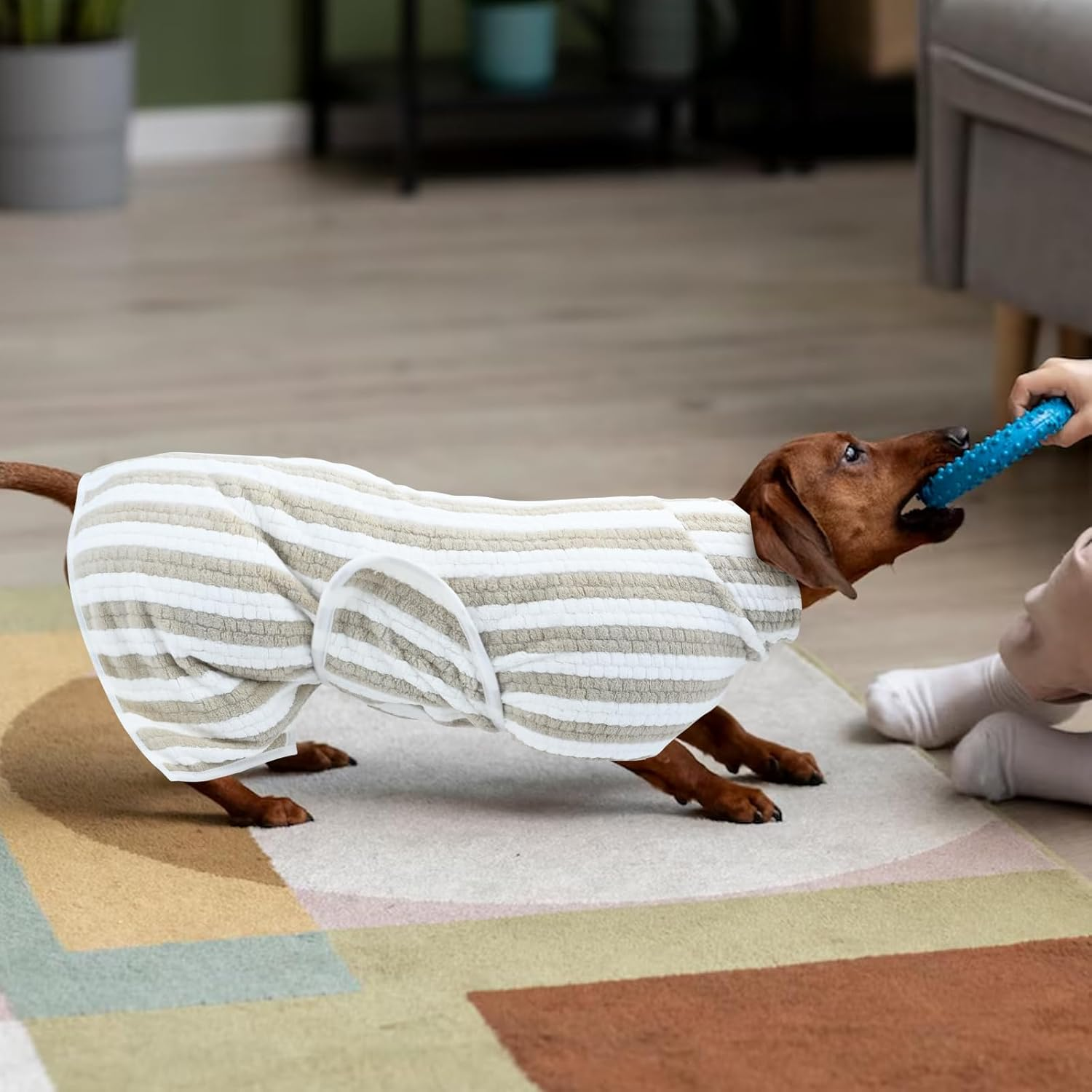 Dog Bath Coat - Ultra Absorbent Microfiber Quick Dry Striped Bathrobe - Corn Flannel Super Soft Towel with Adjustable Neck Snap Fastening for Baths, Swims (M) image number 3