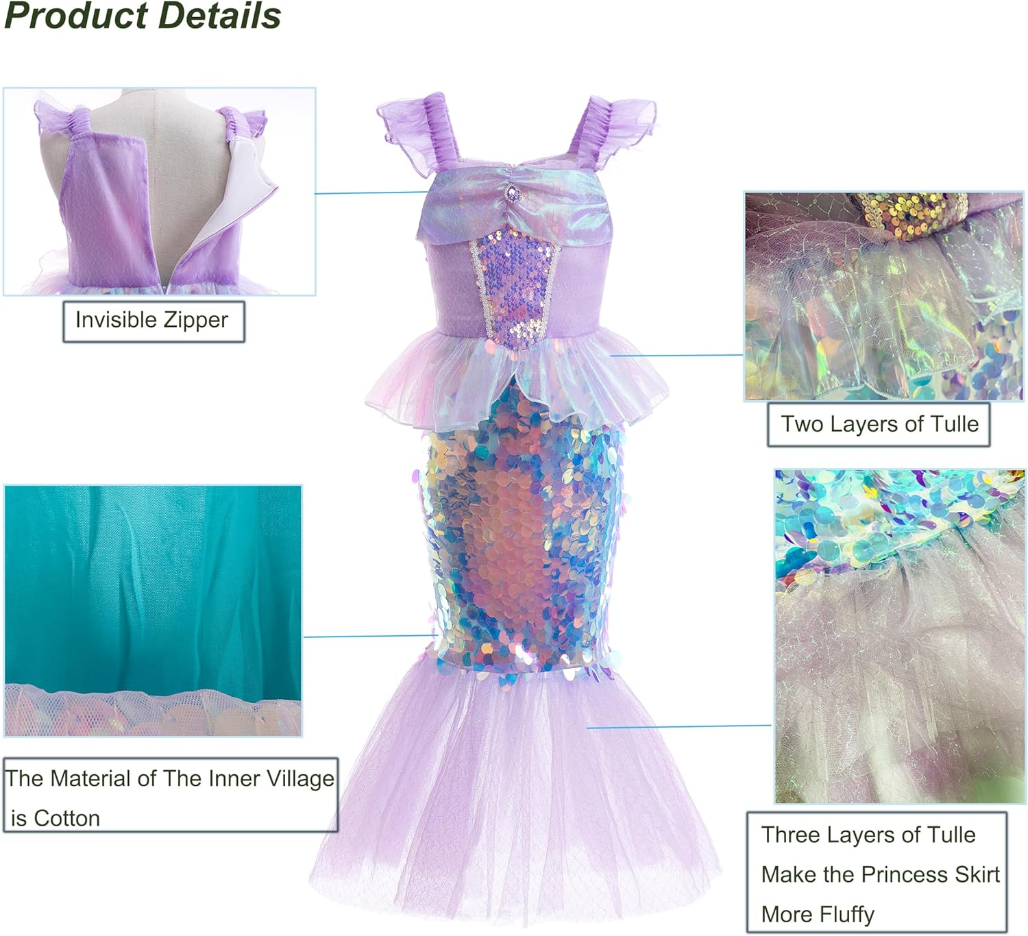 Little Girls Princess Mermaid Costume for Girls Dress up with Accessory for Christmas Birthday Party Supplies image number 6