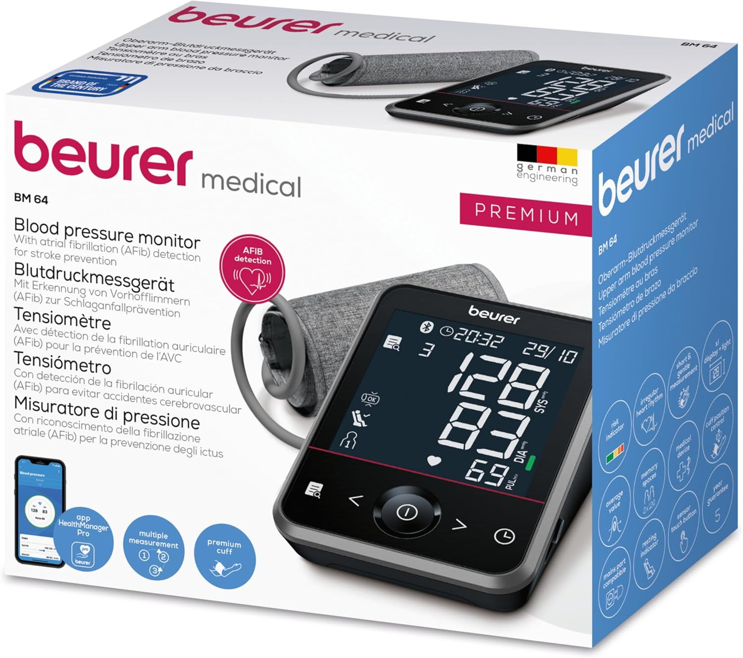 Beurer BM 64 Arm Blood Pressure Monitor, Atrial Fibrillation Detection (Afib), Beurer Healthmanager Pro App Connection, Patented Rest Indicator, 22-42Cm Bracelet image number 2