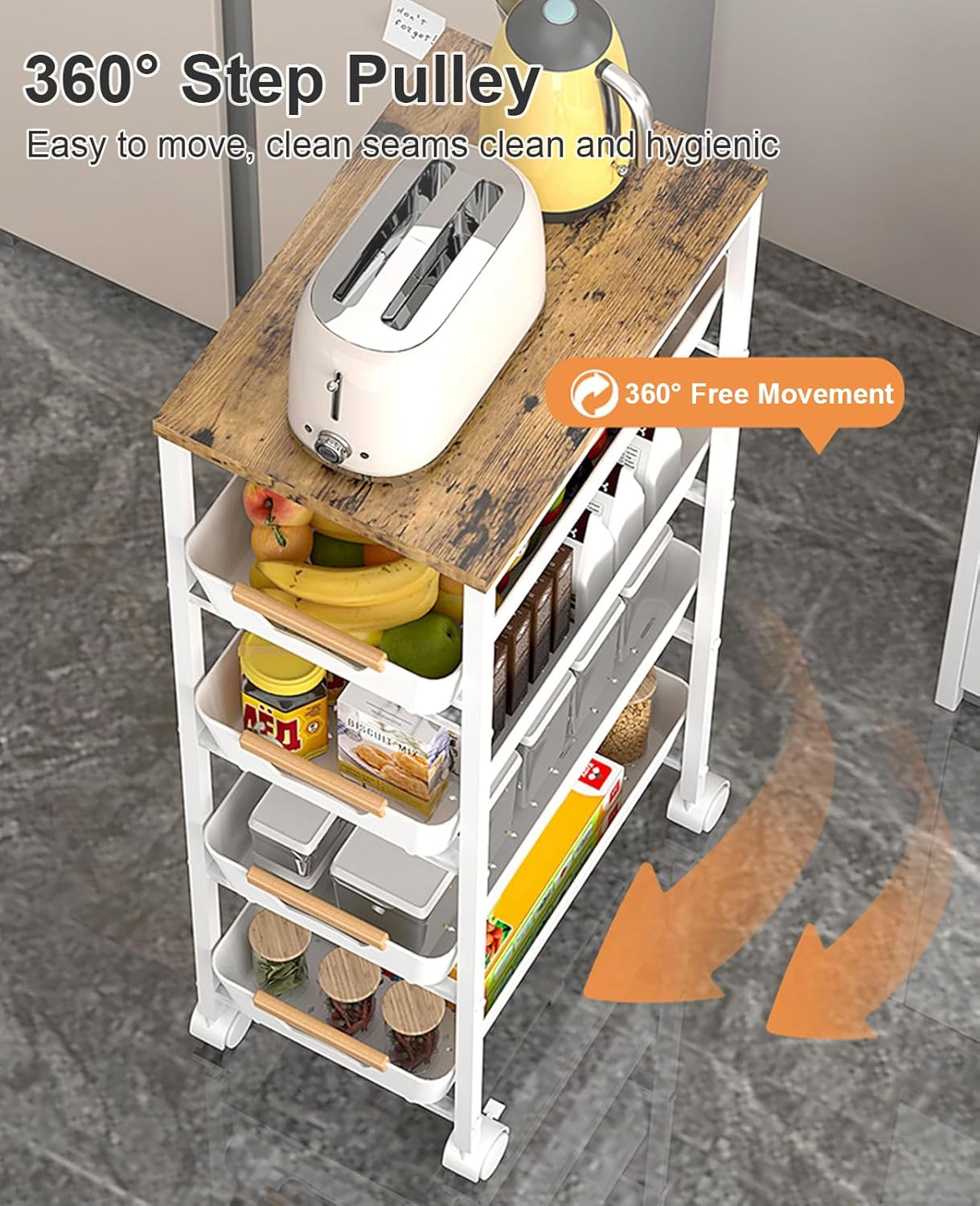 5-Tier Kitchen Storage Cart, Narrow Rolling Storage Cart with Wooden Top, Versatile Mobile Shelving Unit Trolley, Metal Utility Carts with Pull-Out Drawer for Pantry, Bathroom, Kitchen, Office (White) image number 1