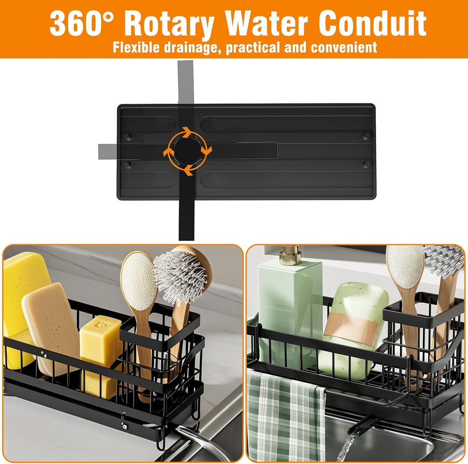 Kitchen Sink Caddy Organiser,Sinkware Organizer with Removable Auto-Draining Tray & Brush Holder, Washing up Rack for Dishcloth Towel Soap,Sponge Holder for Countertop Bathroom Storage & Organisation image number 3