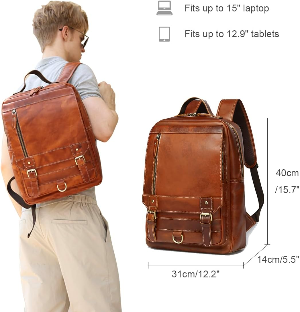 'LANNSYNE Vintage Genuine Leather Backpack for Men Fits up to 15'' Laptop Travel Hiking Rucksack' image number 1