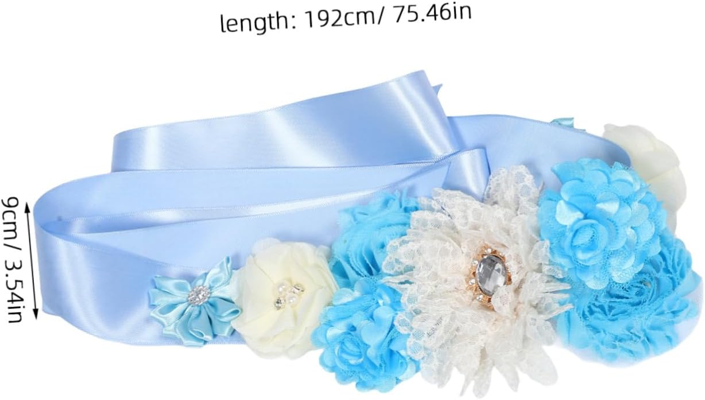 Pregnancy Sash Maternity Flower Belt Belly Band Sky Blue Adjustable Belly Band Adorned Flowers and Rhinestones for Maternity Shoot Baby Shower Photos image number 5