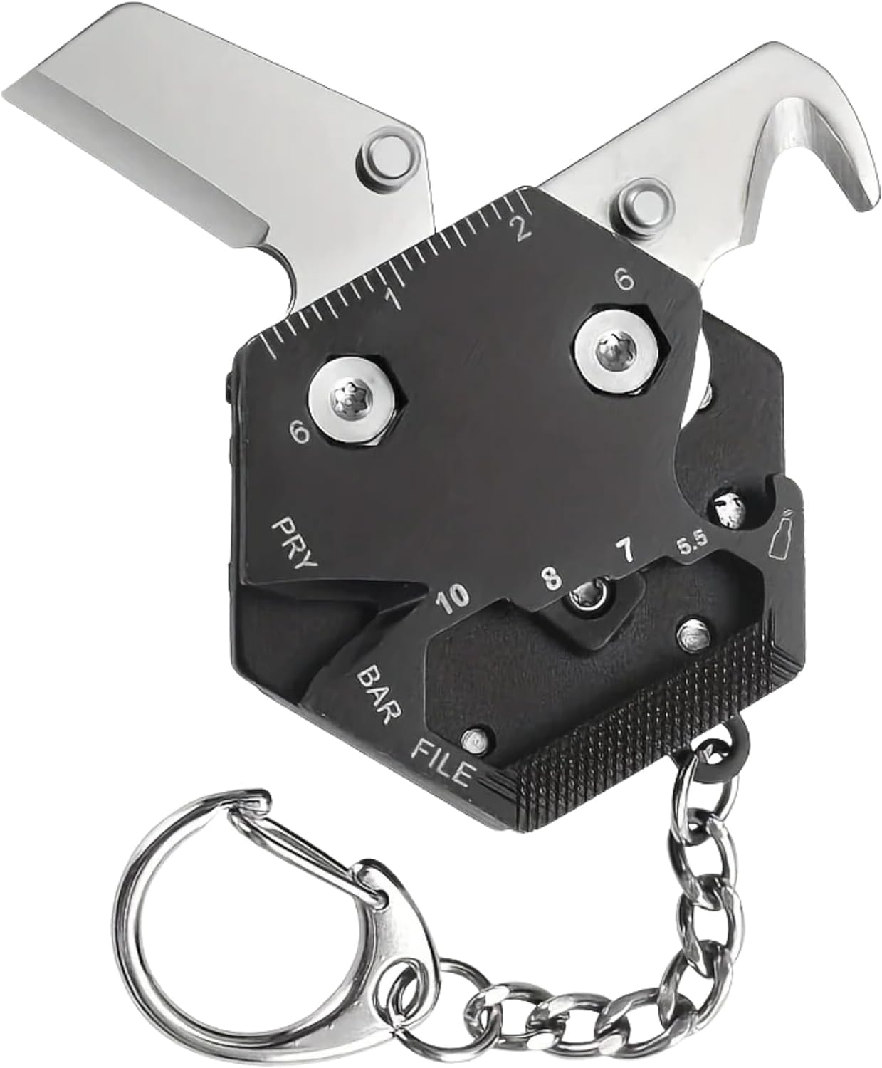 Knifemaster Stainless Steel Multi-Function Keychain Hand Tool - Rope Cutter, Ruler, Hex Wrench, Mini Knife, Screwdriver Head, Bottle Opener, Nail File Multi Purpose Tool (Black) image number 4