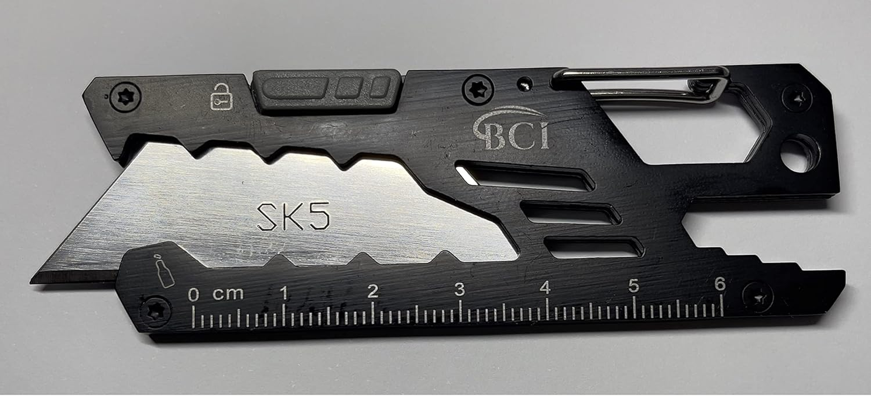 EDC Keychain EDC Keyring Multi-Tool Keychain, Box Cutter, Bottle Opener,Outdoor Camping Travel, Stainless Steel SK5 Replaceable Blade Geometric Small EDC Pocket Utility Knife (Black) - Silver image number 3