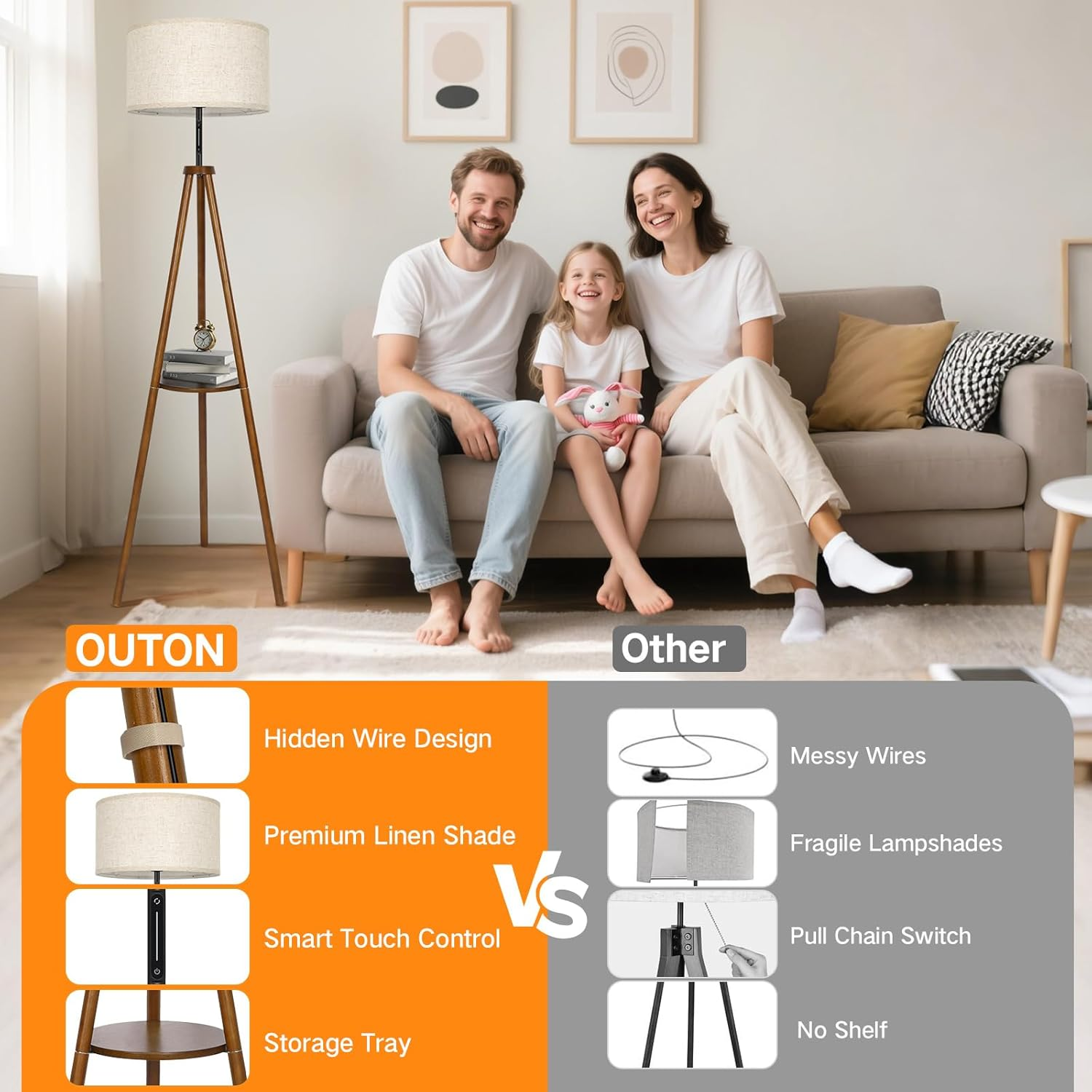 OUTON Wooden Tripod Floor Lamp with Shelves, 4 Color Temperatures Mid Century Dimmable Floor Lamp with Remote & &lrm;Touch Control, Modern Tall Standing Lamp for Living Room Bedroom Office, Walnut Wood - Walnut image number 4