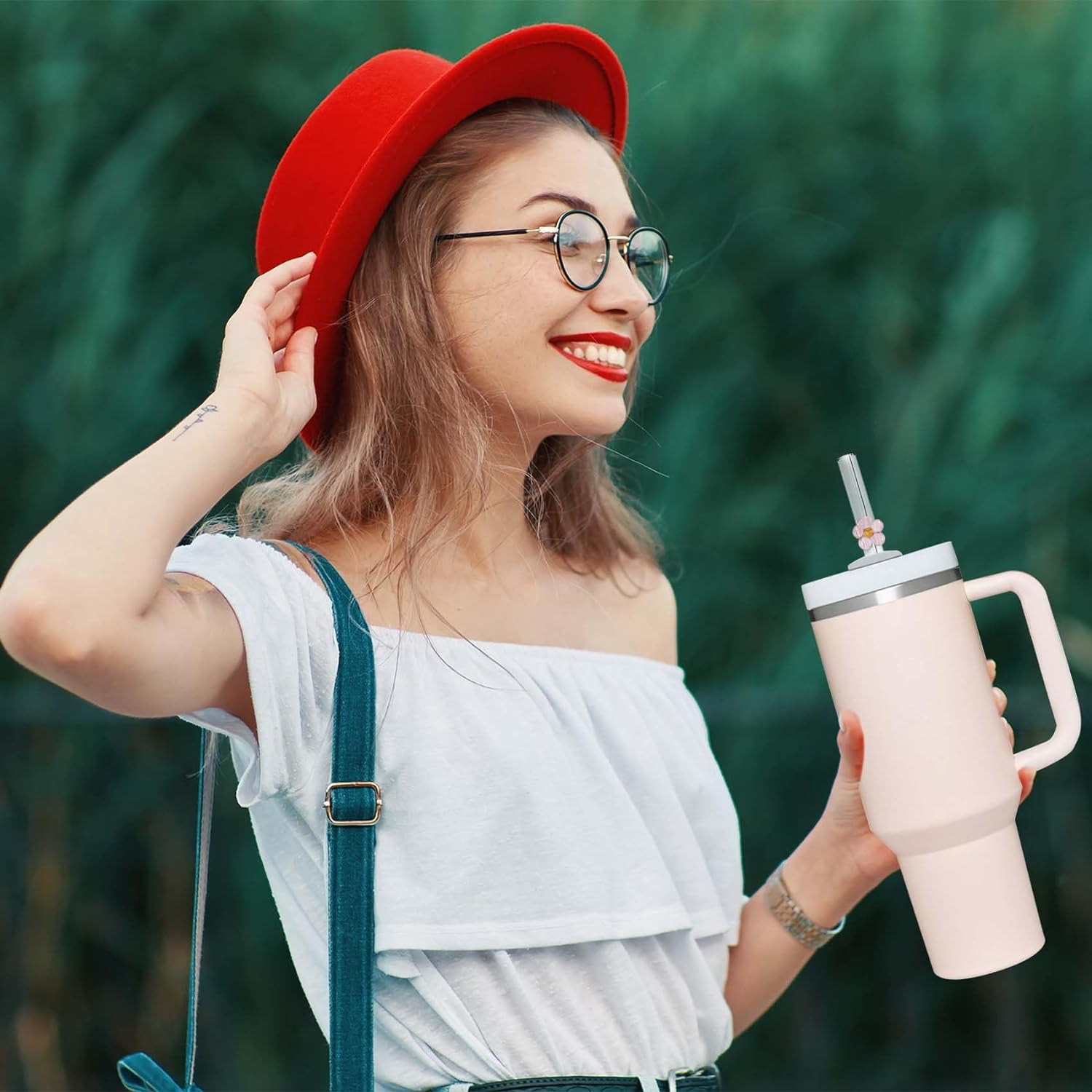 6 Pack Replacement Glass Straws for Stanley 40 Oz 30 Oz Tumbler, Cute Flower Glass Straws with Charms, Stanley Straw with Cleaning Brush Stanleys Cup Accessories - Flower image number 5