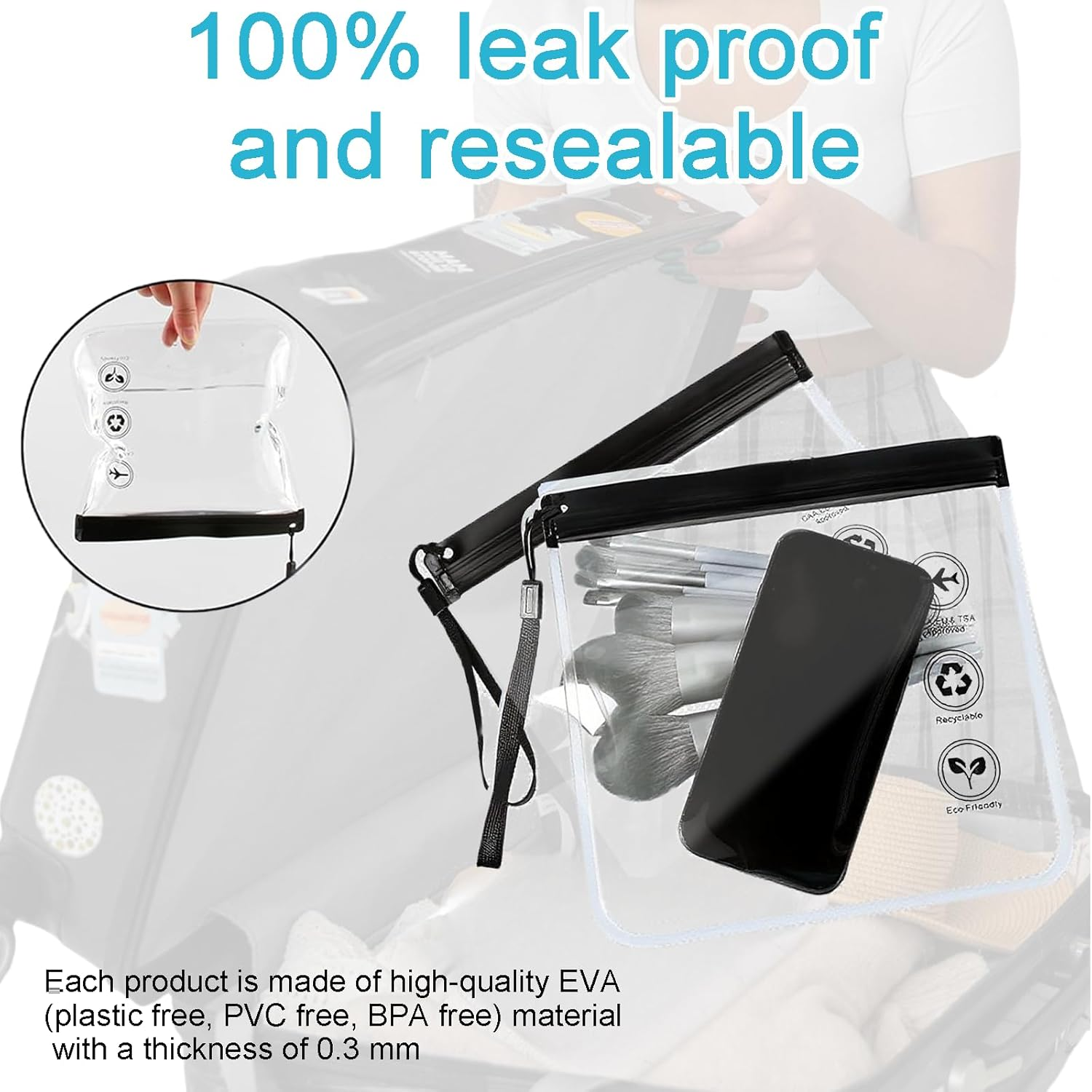 Rylaxzon 2 Pack Clear Travel Toiletry Bag - 20X20Cm Toiletry Bags, Leakproof Liquid Travel Size Toiletries for Airports, Waterproof Cosmetic & Makeup Travel Pouch, for Carry - on Luggage (Black) image number 3