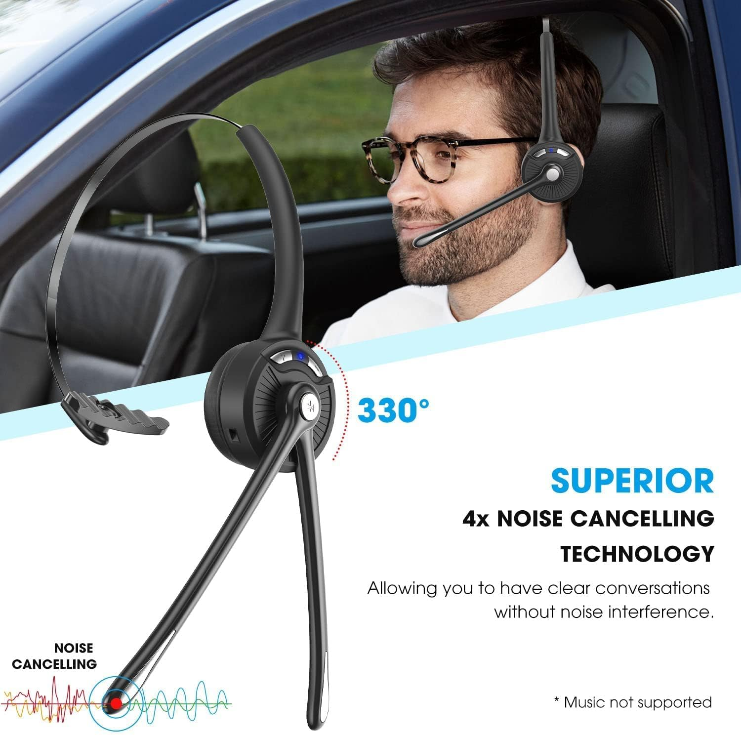 Bluetooth Headset with Microphone, Wireless On-Ear Noise Cancelling Headphones with Charging Station, Phone Headset Mute Button for Laptop, Skype, Call Center, Office, Trucker image number 4