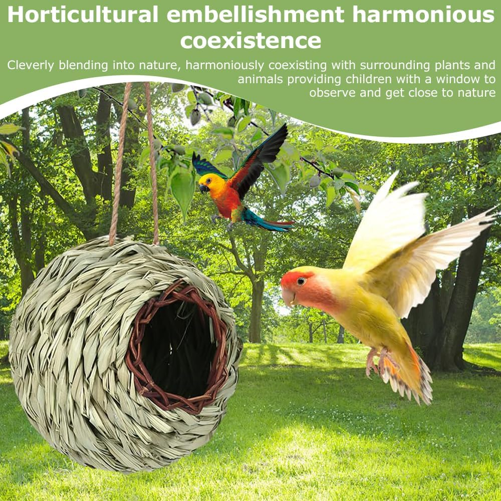 MOTRAIN Grass Hand Woven Bird Cage/Lightweight Hanging Nest,Grass Woven Birdhouse Nest & Cozy Resting Place,Bird Cage for Outdoors Indoors