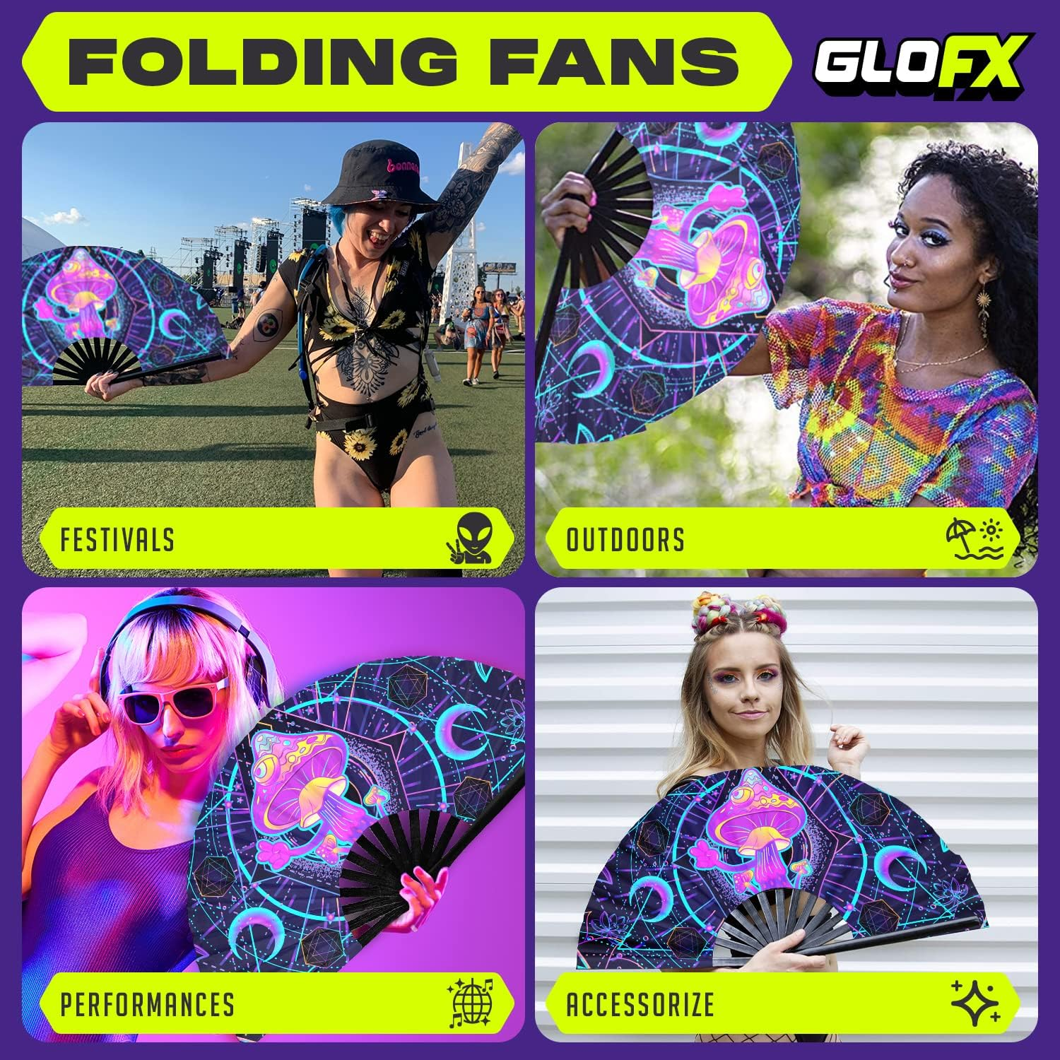 Glofx Rave Fan - UV Mushroom - Large Folding Fan - Music Festival Essential, EDM Rave Accessories, Folding Hand Fan, Clack Fan - Alice Cat image number 7