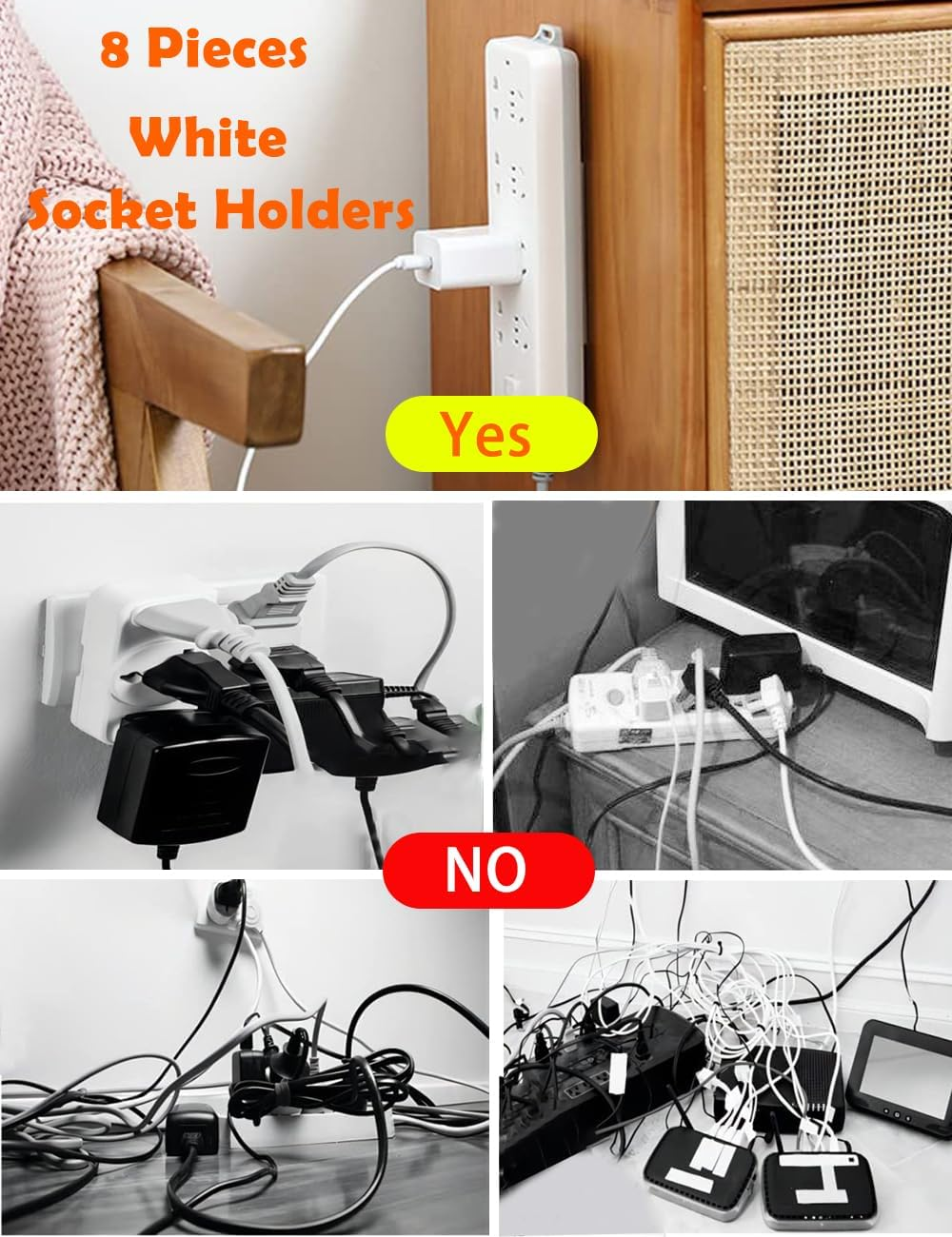 8 PCS Self-Adhesive Desktop Socket Fixers, Adhesive Punch-Free Socket Holders, Holder Fixers, Wall-Mounted Power Strip Holders Mounts, Socket Organizers, Socket Fixers for Kitchen Home Office (White)