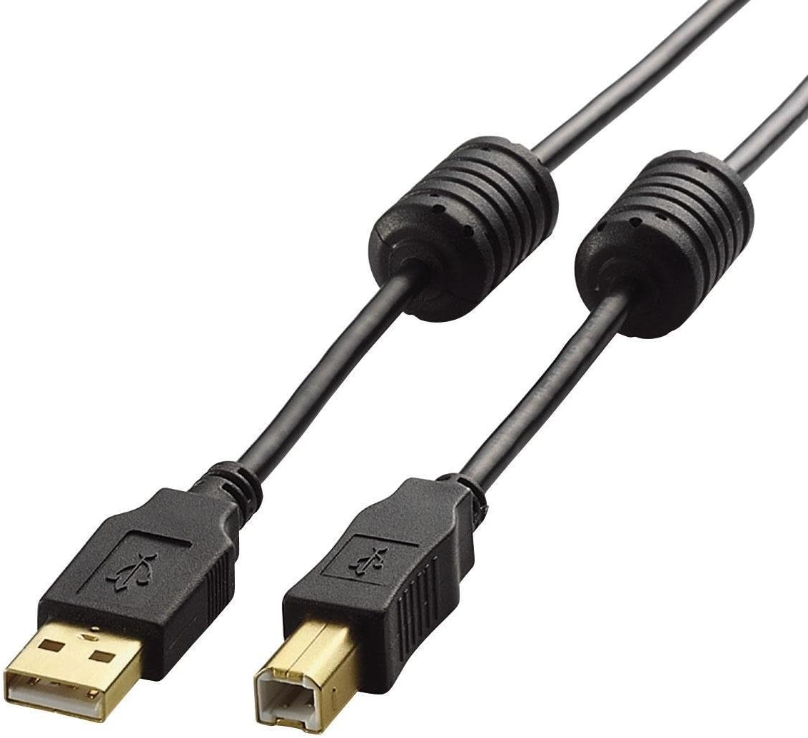 Elecom U2C-BF50BK USB Cable, B 2.0, USB a Male to USB B Male, Includes Ferrite Core, 16.4 Ft (5 M), Black