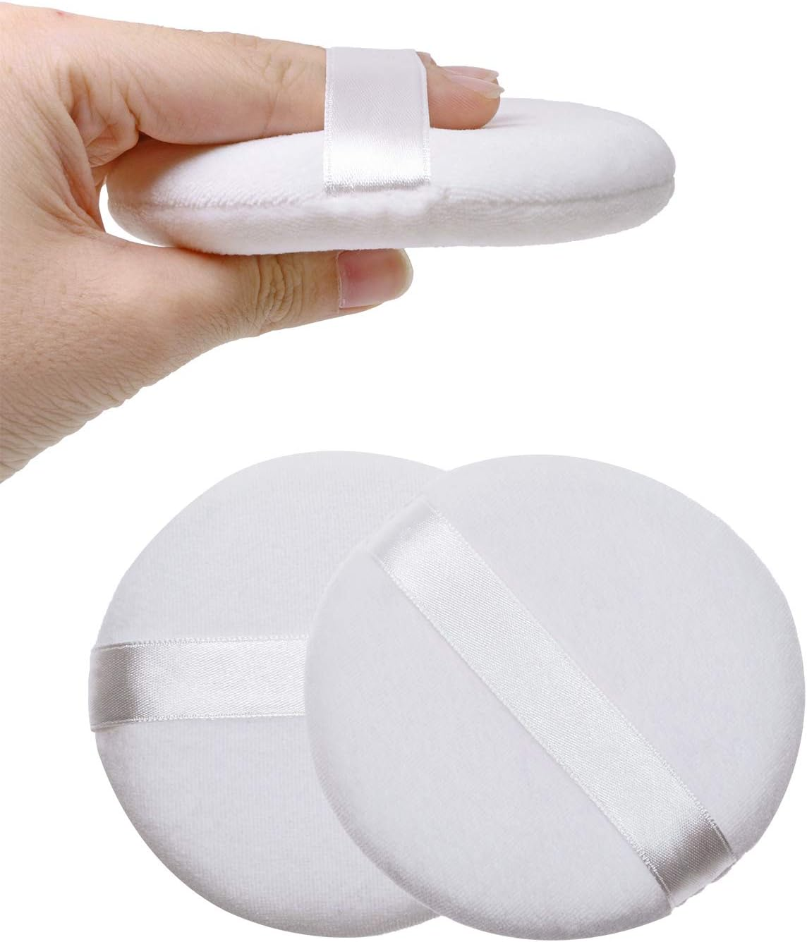 Shapenty 4PCS Soft Large round Loose Powder Puff Pad Washable Velour Smooth Bath Body Powder Puff with Ribbon Band Handle for Women Men Face Neck Makeup (4Inch, White) image number 3