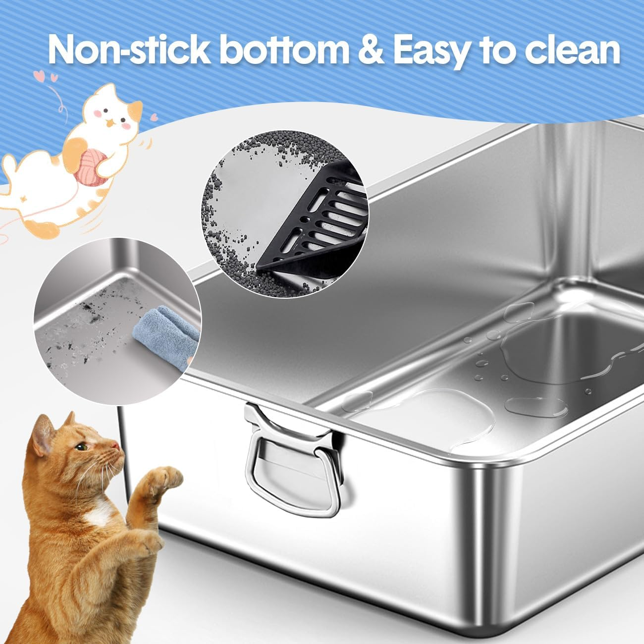 Stainless Steel Litter Box with Handle, Large Metal Cat Litter Box with High Sided for Big and Small Cats, Kitty Litter Boxes Toilet, Non-Stick, Easy to Clean 60X40X15Cm image number 6