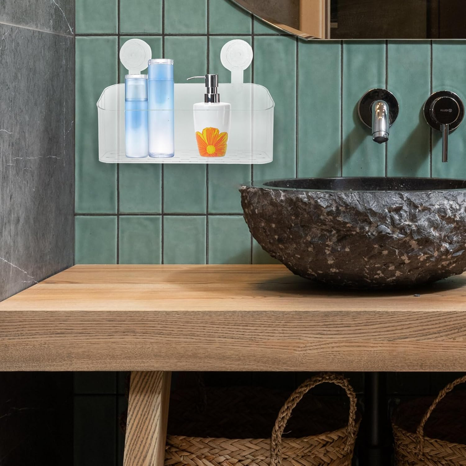 Alipis Bathroom Storage Organizer Suction Cup Hanging Shelf Wall-Mounted Soap Holder image number 2