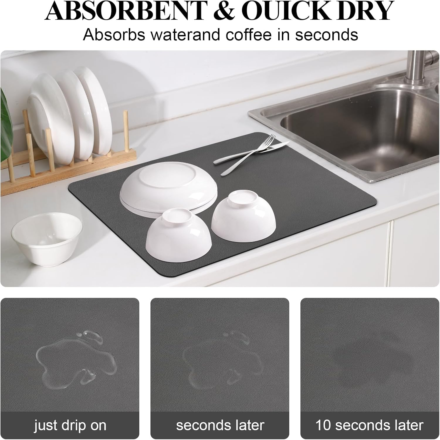 Dish Drying Mat for Kitchen Counter, Rubber Backing Draining Mat ,Hide Stain anti Absorbent for Kitchen Counter, ,Easy to Clean Kitchen Accessories (Dark Grey, 40X60) image number 5