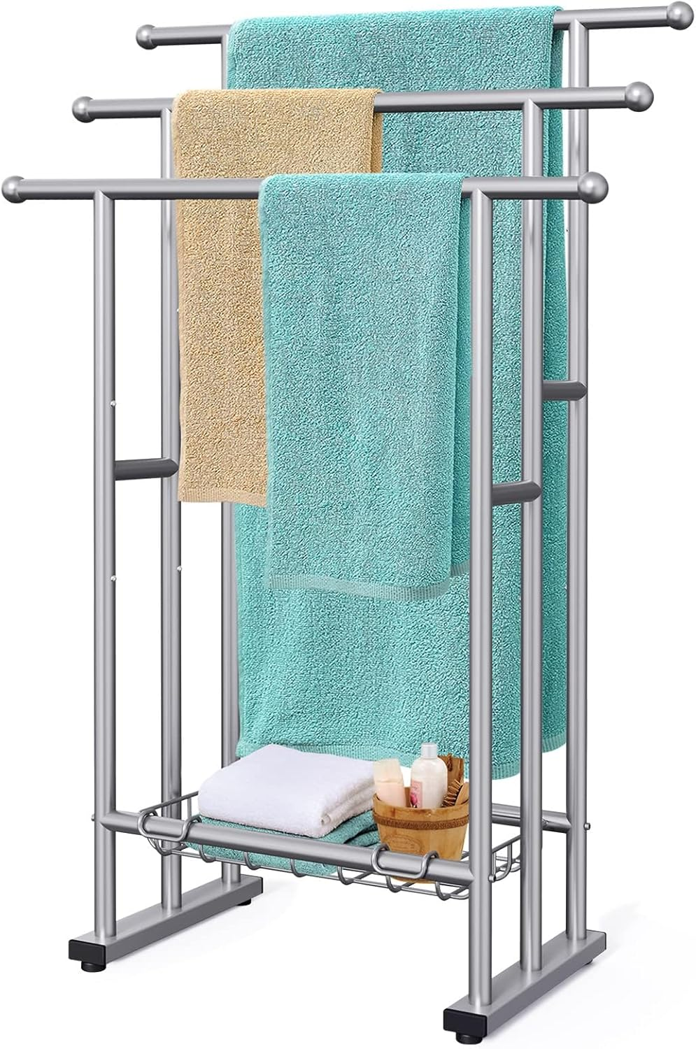 Kayfia 40/'' Tall Freestanding Towel Racks for Bathroom, 3 Tier Floor Rack with Storage Basket, Blanket Ladder Drying and Display Large Bath & Hand Outdoor Poolside (Silver), Grey (MJJ-FZ)