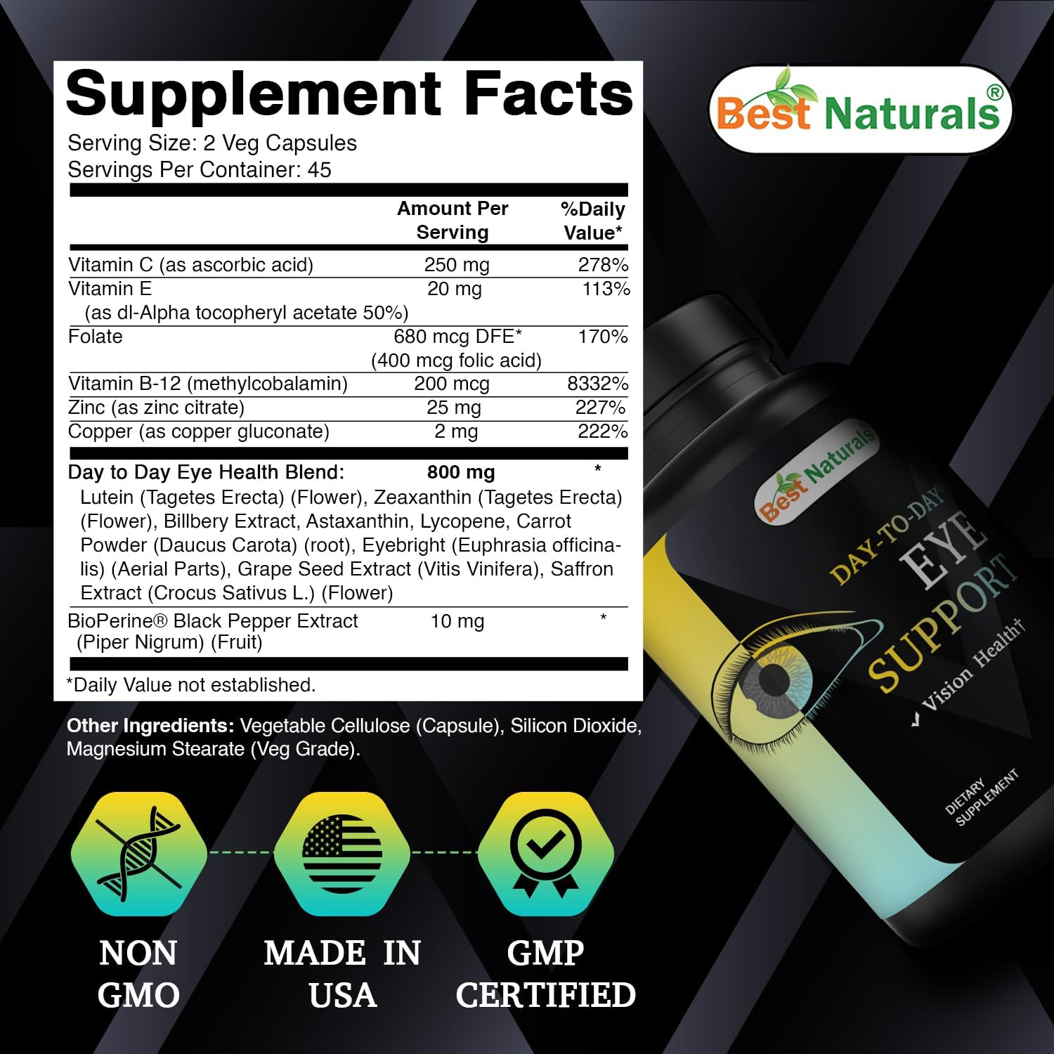 Best Naturals Day-To-Day Eye Support with Lutein, Zeaxanthin, Bilberry Extract, Astaxanthin, Lycopene, Carrot Powder 90 Veg Capsules image number 5