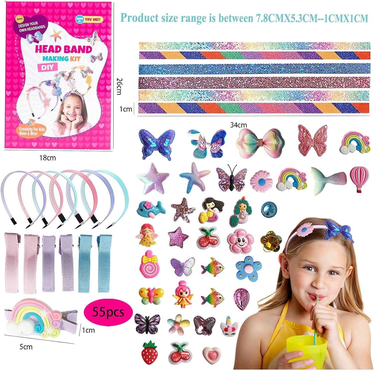 YELINTIAN Headband Making Kit for Girls, DIY Headbands for Crafts, Make Your Own Fashion Headbands for Kids, Hair Accessories for Girls 8-12 Little Children'S Art & Craft Gifts(55Pcs) image number 1