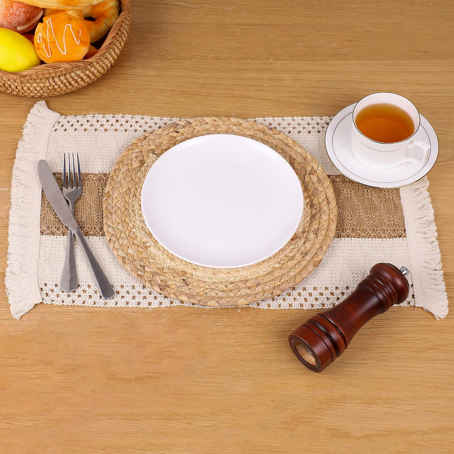 Handmade Boho Placemats Set of 6 - Natural Cotton Burlap and Water Straw Woven Combination Table Mats, Macrame D&eacute;cor and Farmhouse Style Placemats, for Dining Table Kitchen image number 1