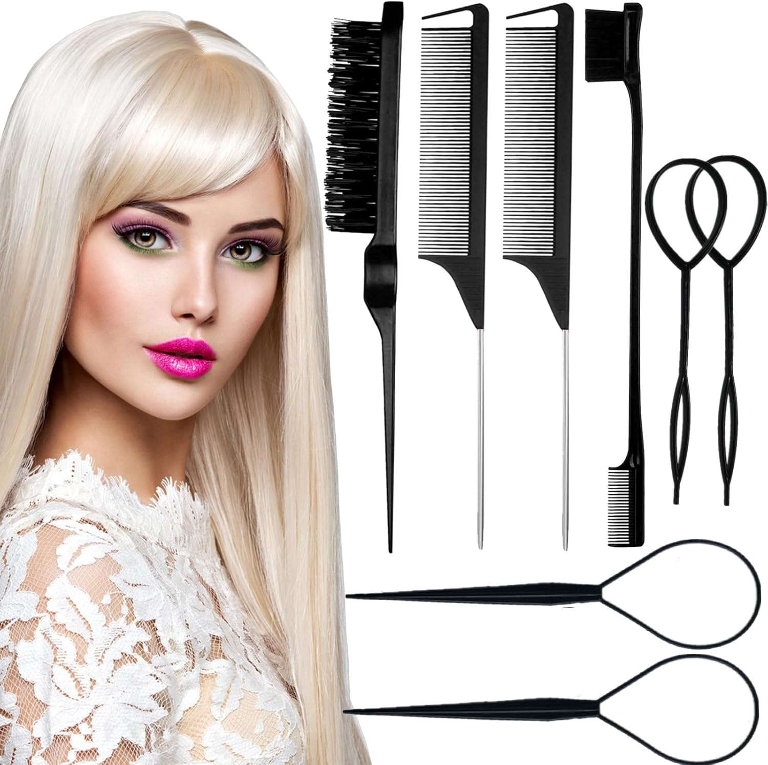 8Pcs Hair Styling Comb Set, Includes Hair Teasing Brush Rat Tail Comb Double-Sided Edge Brush Hair Clips for Women Girls Combing Styling Hair (Black)