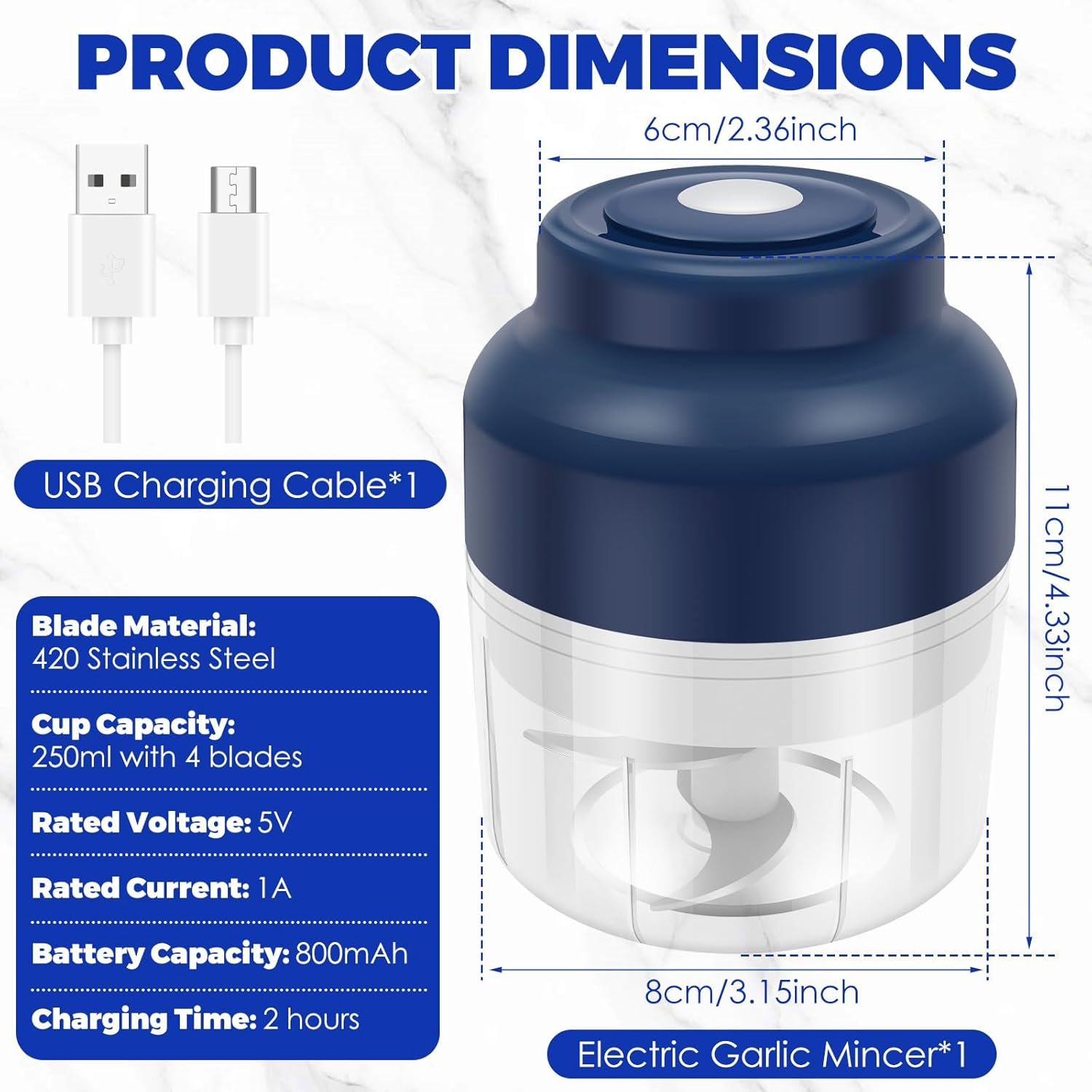 Rdjeokf Electric Garlic Chopper, USB Rechargeable Portable Food Processor, 250/300ML Garlic Grinder, Vegetable Chopper, Electric Food Crusher for Small Vegetable Onion Tomato Pepper Herb (250ML) - 320Ml image number 7
