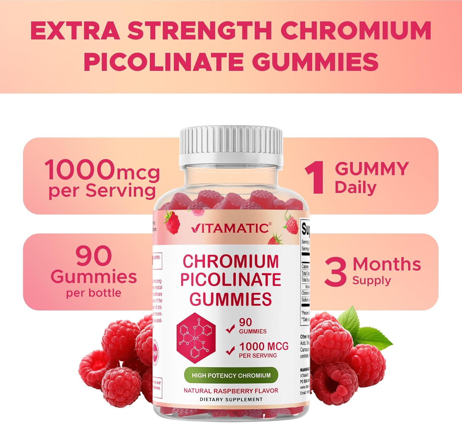 Vitamatic Chromium Picolinate 1000 Mcg - 90 Gummies - High Potency Chromium - Raspberry Flavor image number 1