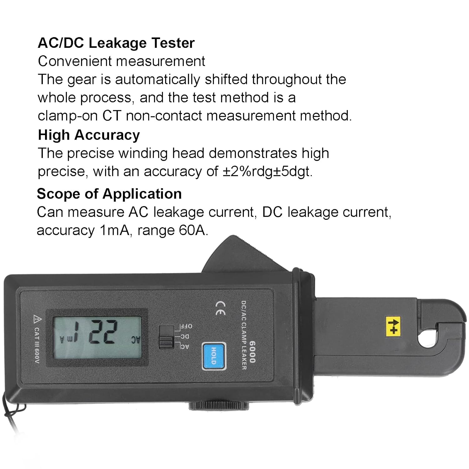 ETCR6000 Clamp Leaker Leakage Current Tester, Digital Clamp Meter with Overflow Display Automatic Shutdown with USB Interface image number 6